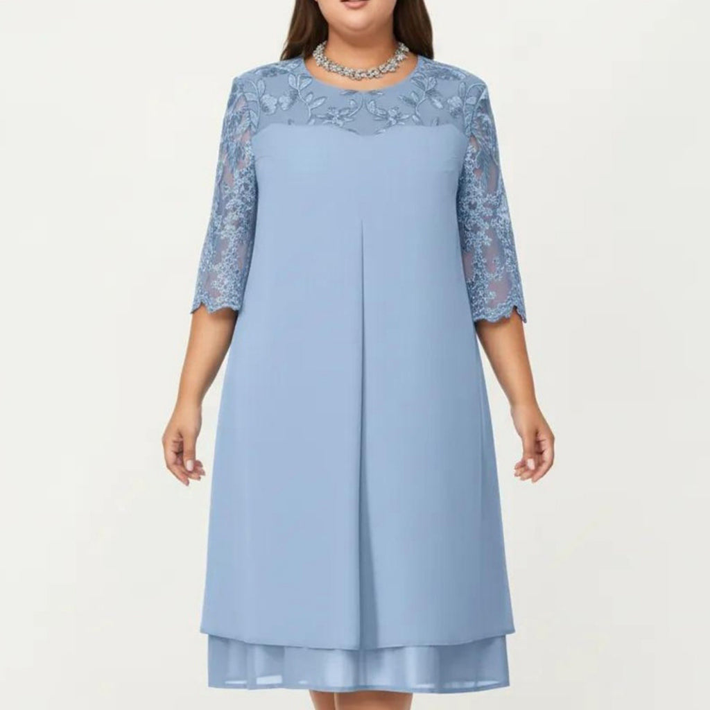 Anna-Kaci Plus Size Lace Yoke Midi Dress with Sheer Sleeve Detail and Layered Hem Flowy Elegant Dress