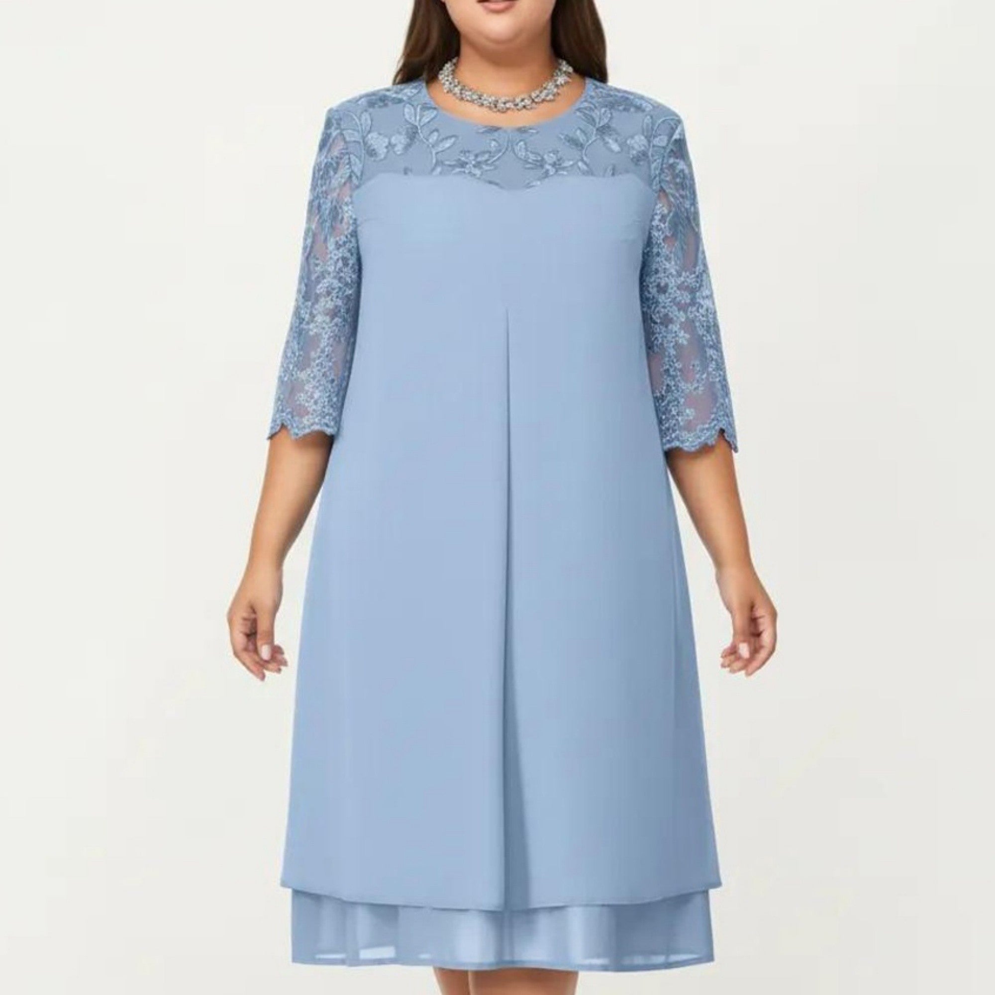 Anna-Kaci Plus Size Lace Yoke Midi Dress with Sheer Sleeve Detail and Layered Hem Flowy Elegant Dress