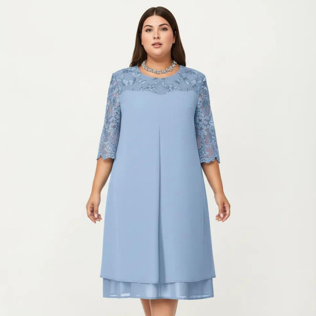 Anna-Kaci Plus Size Lace Yoke Midi Dress with Sheer Sleeve Detail and Layered Hem Flowy Elegant Dress