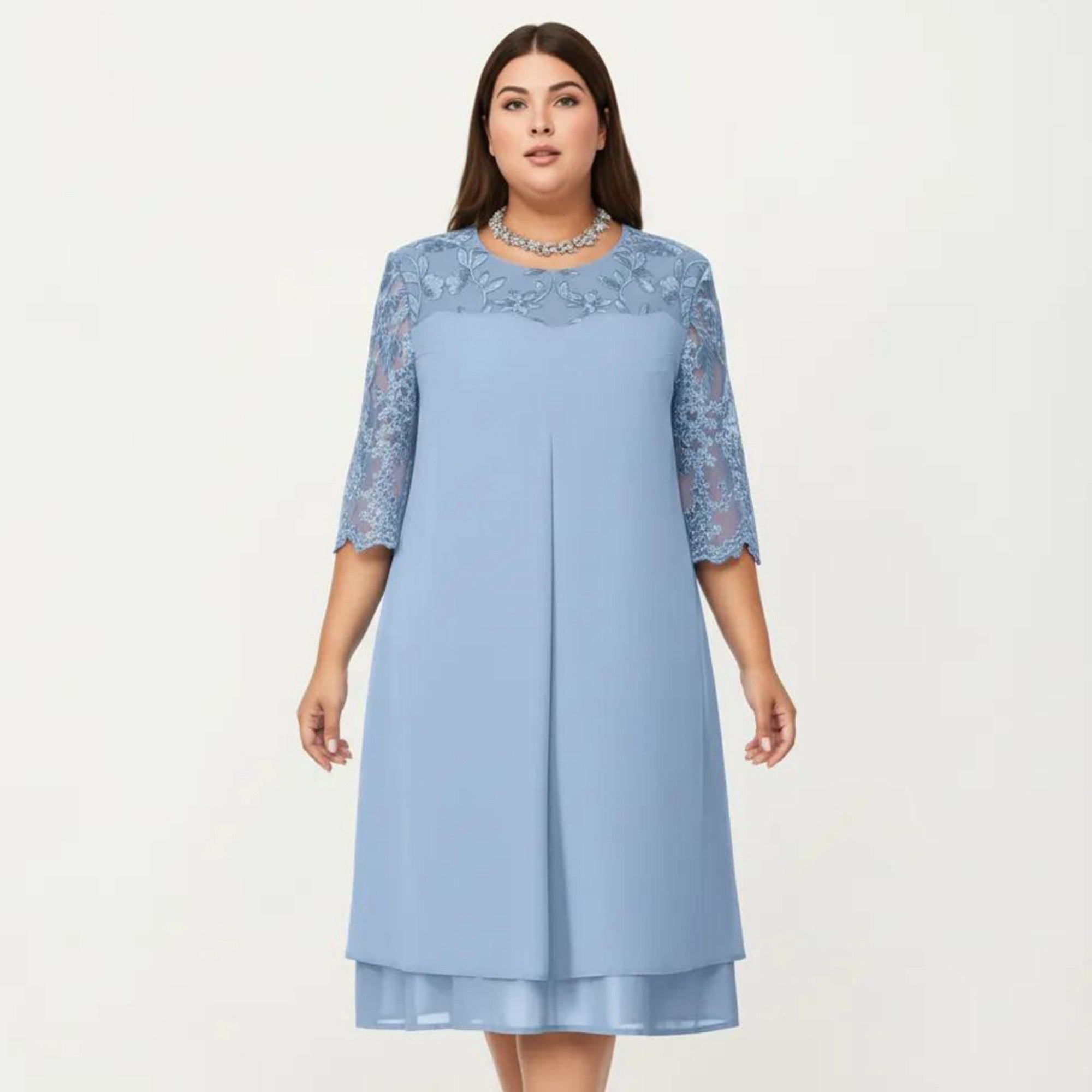 Anna-Kaci Plus Size Lace Yoke Midi Dress with Sheer Sleeve Detail and Layered Hem Flowy Elegant Dress