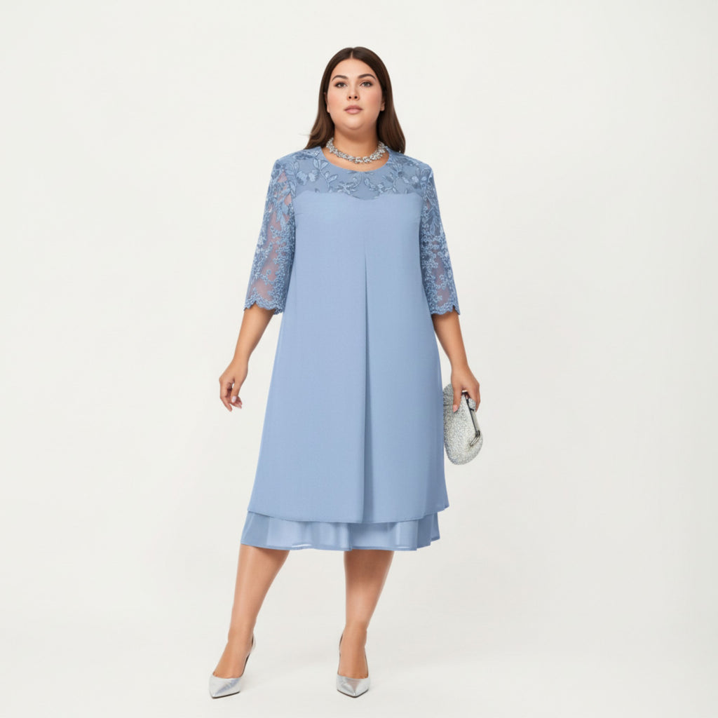 Anna-Kaci Plus Size Lace Yoke Midi Dress with Sheer Sleeve Detail and Layered Hem Flowy Elegant Dress