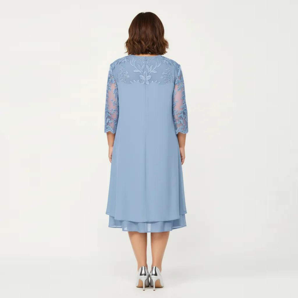 Anna-Kaci Plus Size Lace Yoke Midi Dress with Sheer Sleeve Detail and Layered Hem Flowy Elegant Dress
