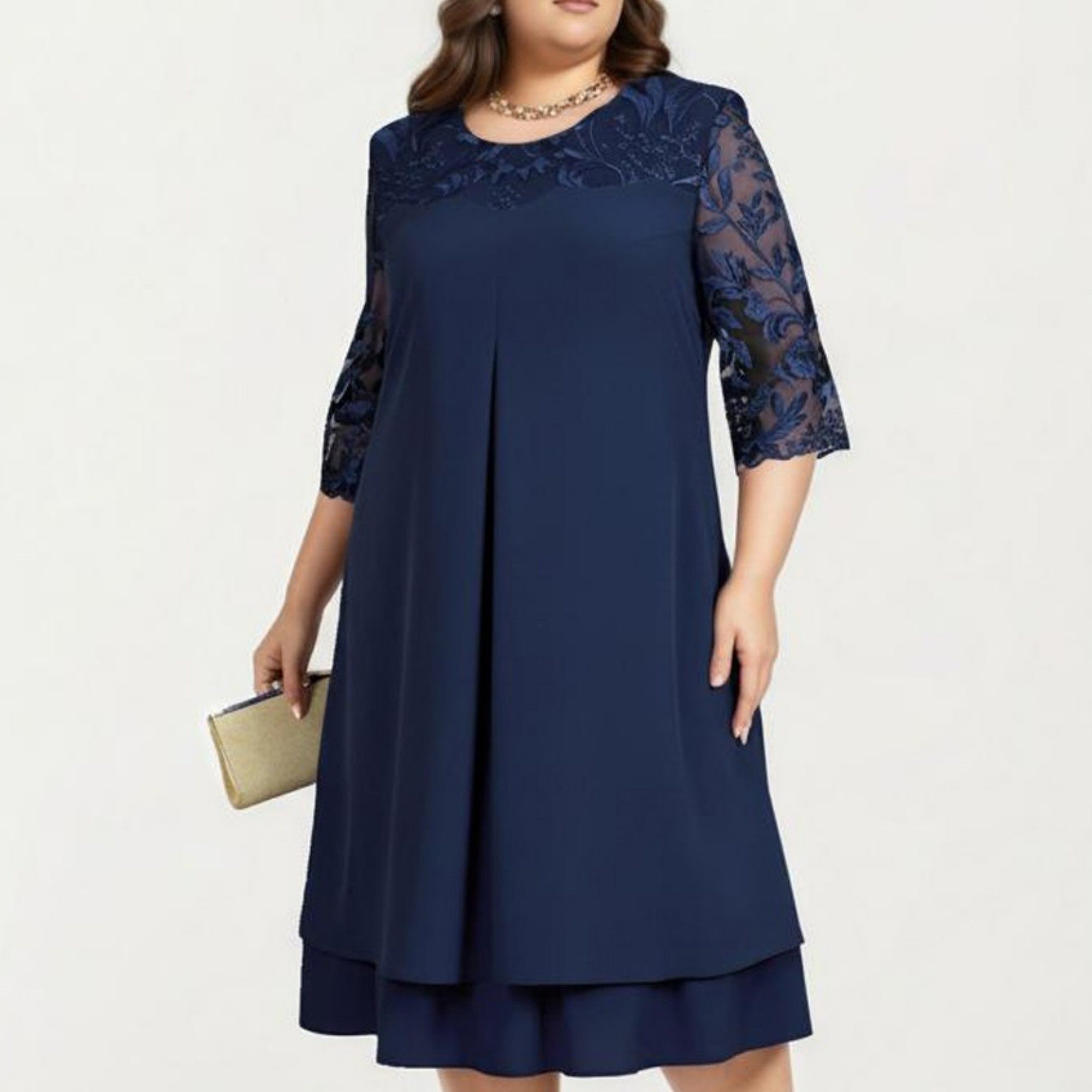 Anna-Kaci Plus Size Lace Yoke Midi Dress with Sheer Sleeve Detail and Layered Hem Flowy Elegant Dress