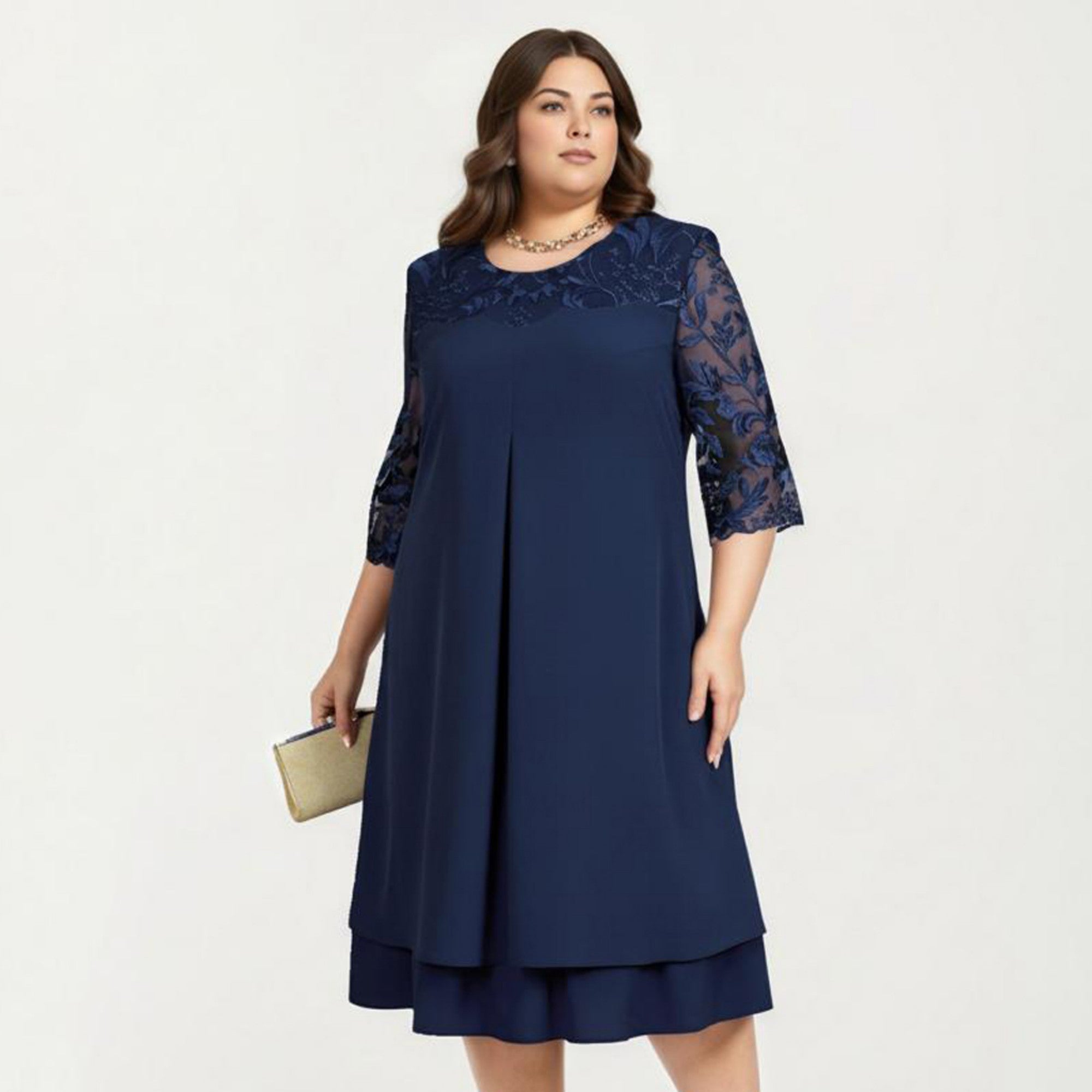 Anna-Kaci Plus Size Lace Yoke Midi Dress with Sheer Sleeve Detail and Layered Hem Flowy Elegant Dress