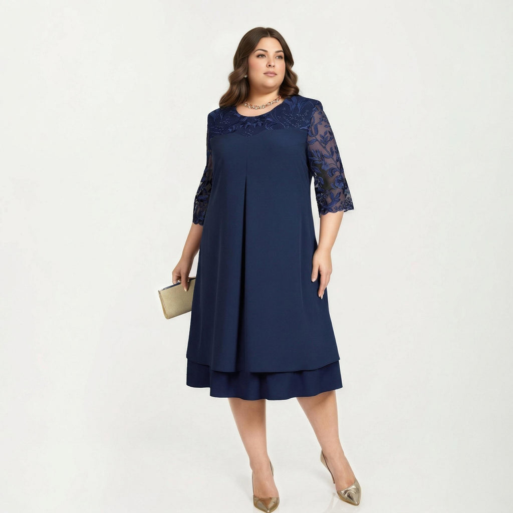 Anna-Kaci Plus Size Lace Yoke Midi Dress with Sheer Sleeve Detail and Layered Hem Flowy Elegant Dress