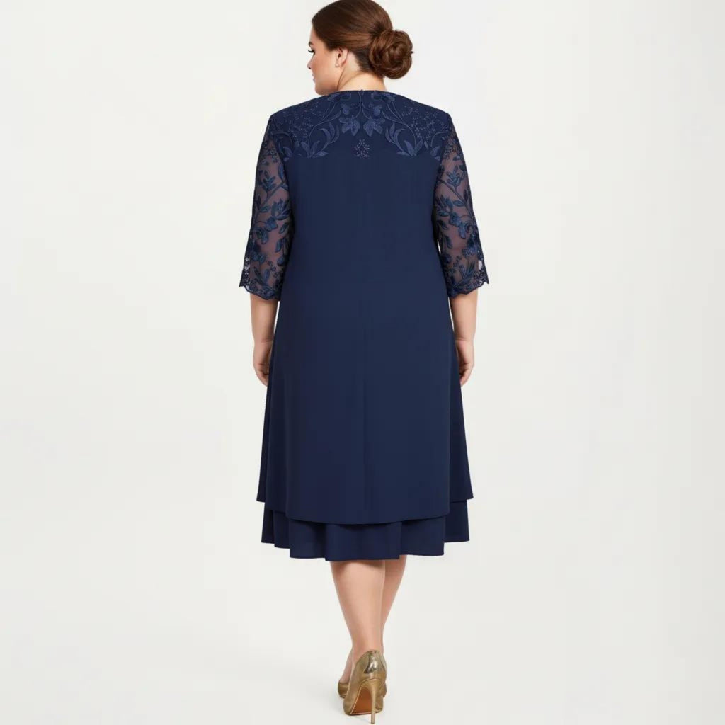 Anna-Kaci Plus Size Lace Yoke Midi Dress with Sheer Sleeve Detail and Layered Hem Flowy Elegant Dress