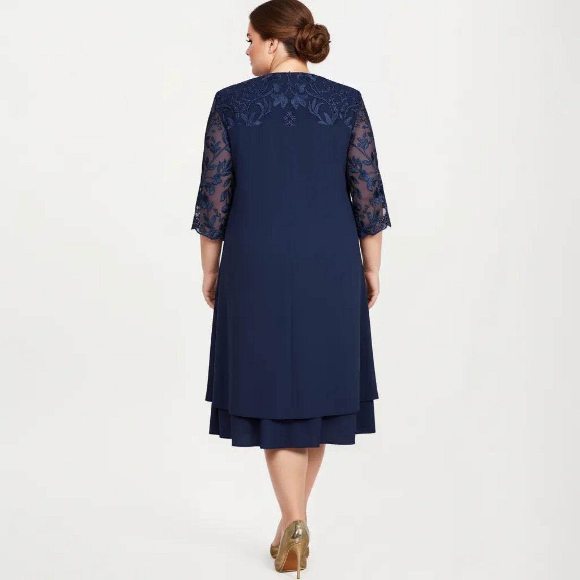 Anna-Kaci Plus Size Lace Yoke Midi Dress with Sheer Sleeve Detail and Layered Hem Flowy Elegant Dress