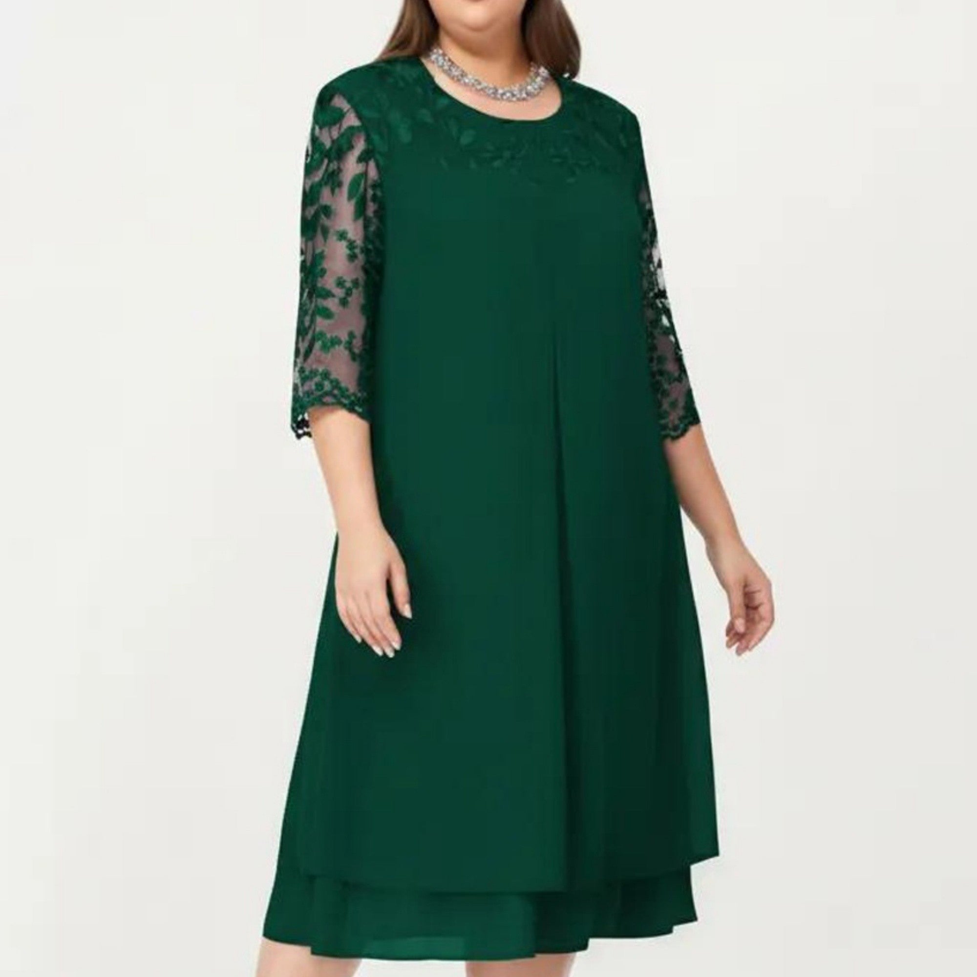 Anna-Kaci Plus Size Lace Yoke Midi Dress with Sheer Sleeve Detail and Layered Hem Flowy Elegant Dress