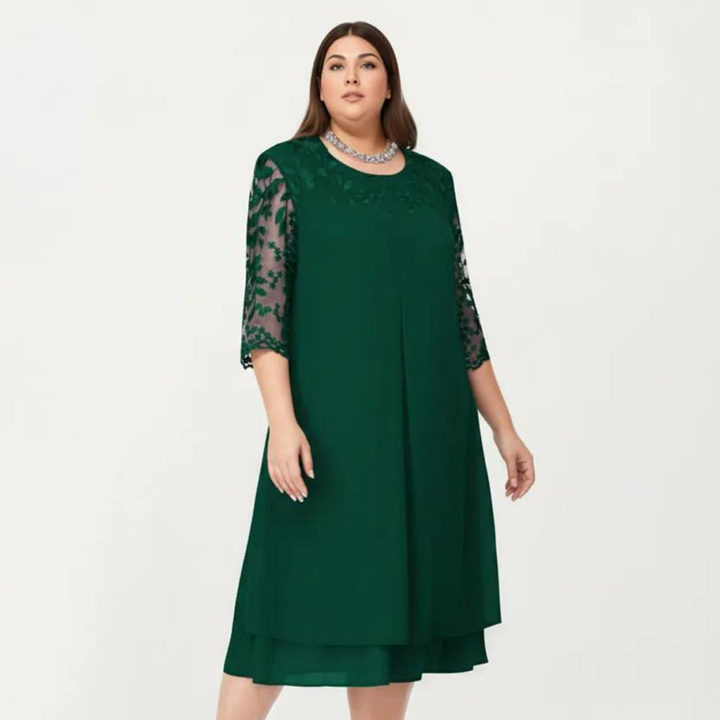 Anna-Kaci Plus Size Lace Yoke Midi Dress with Sheer Sleeve Detail and Layered Hem Flowy Elegant Dress