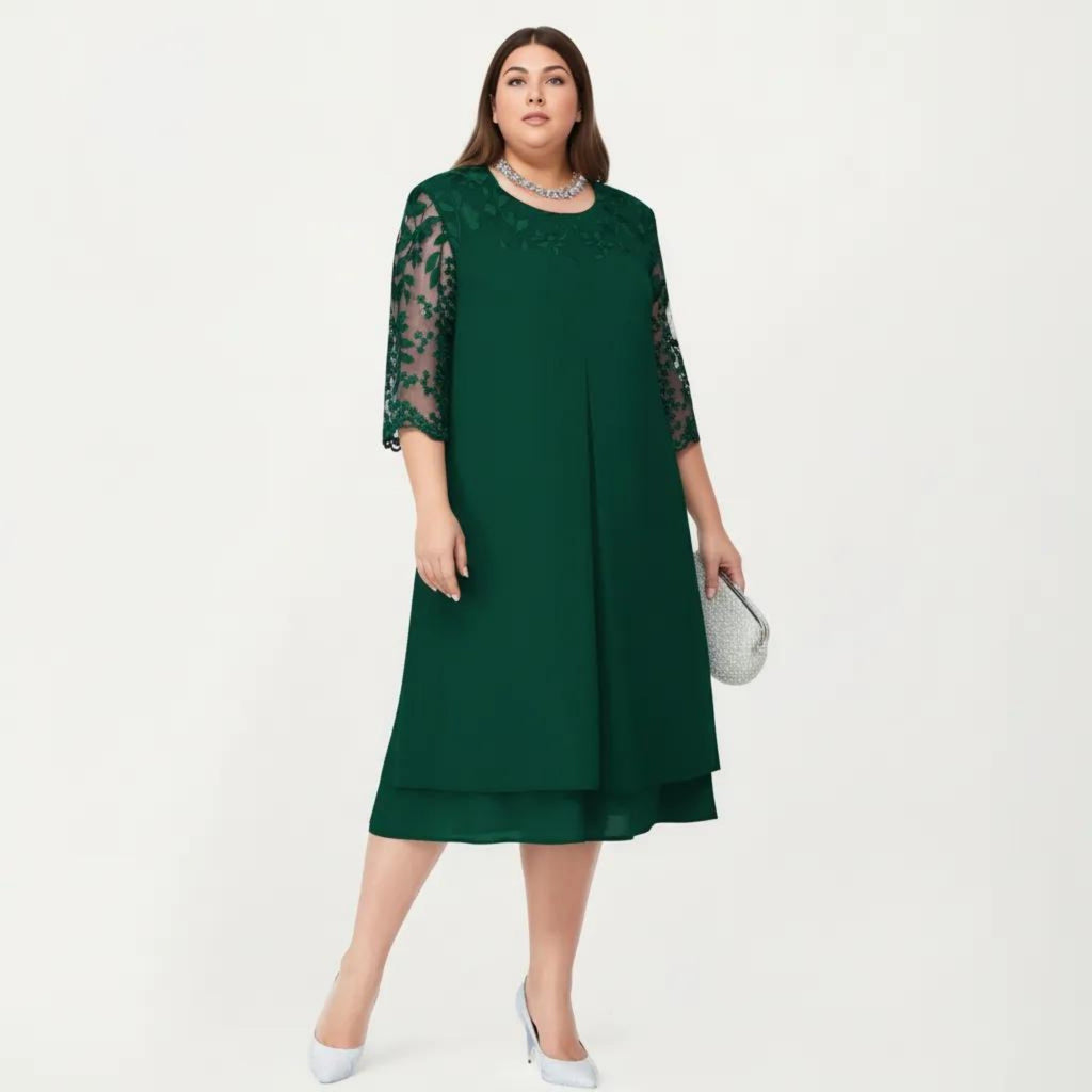 Anna-Kaci Plus Size Lace Yoke Midi Dress with Sheer Sleeve Detail and Layered Hem Flowy Elegant Dress