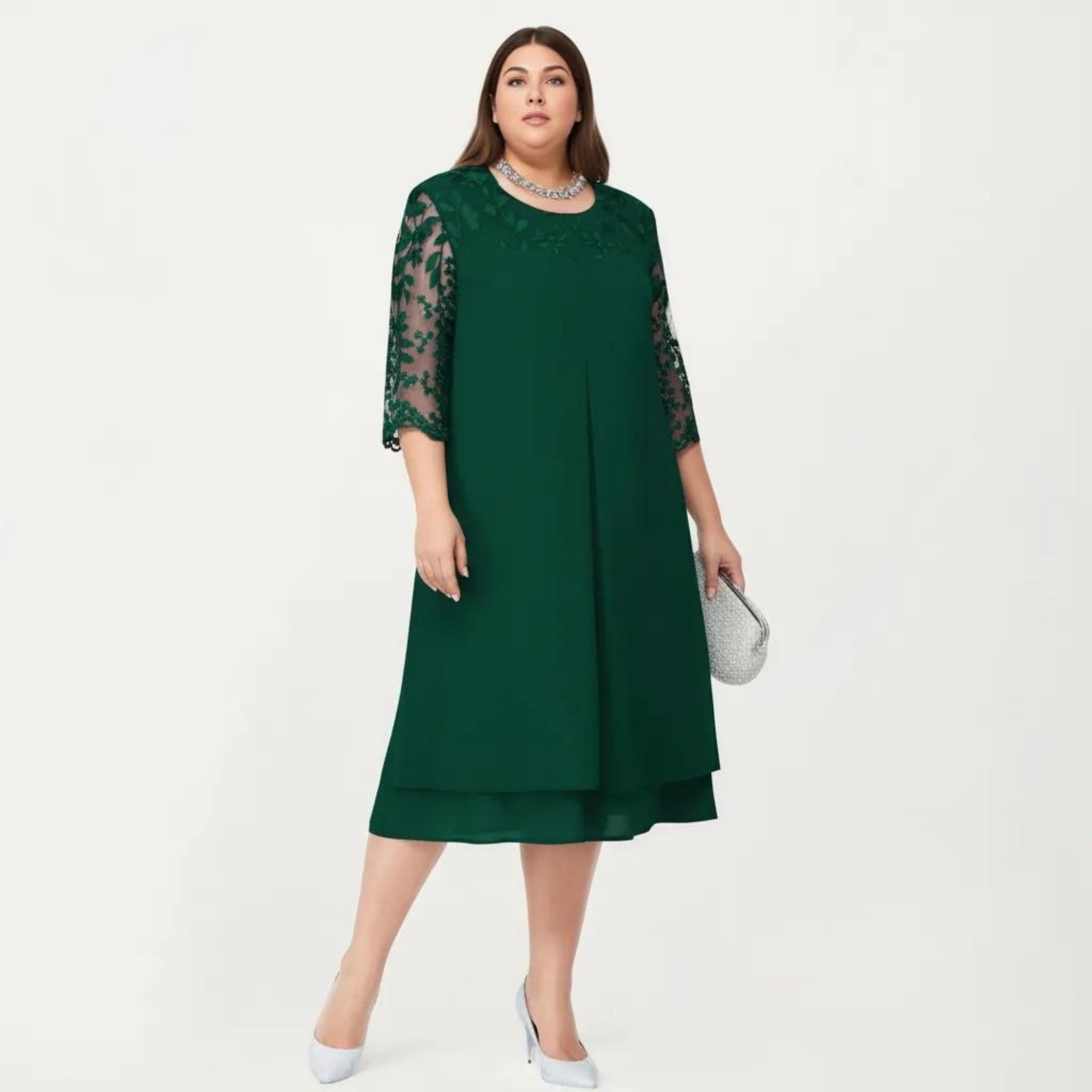 Anna-Kaci Plus Size Lace Yoke Midi Dress with Sheer Sleeve Detail and Layered Hem Flowy Elegant Dress