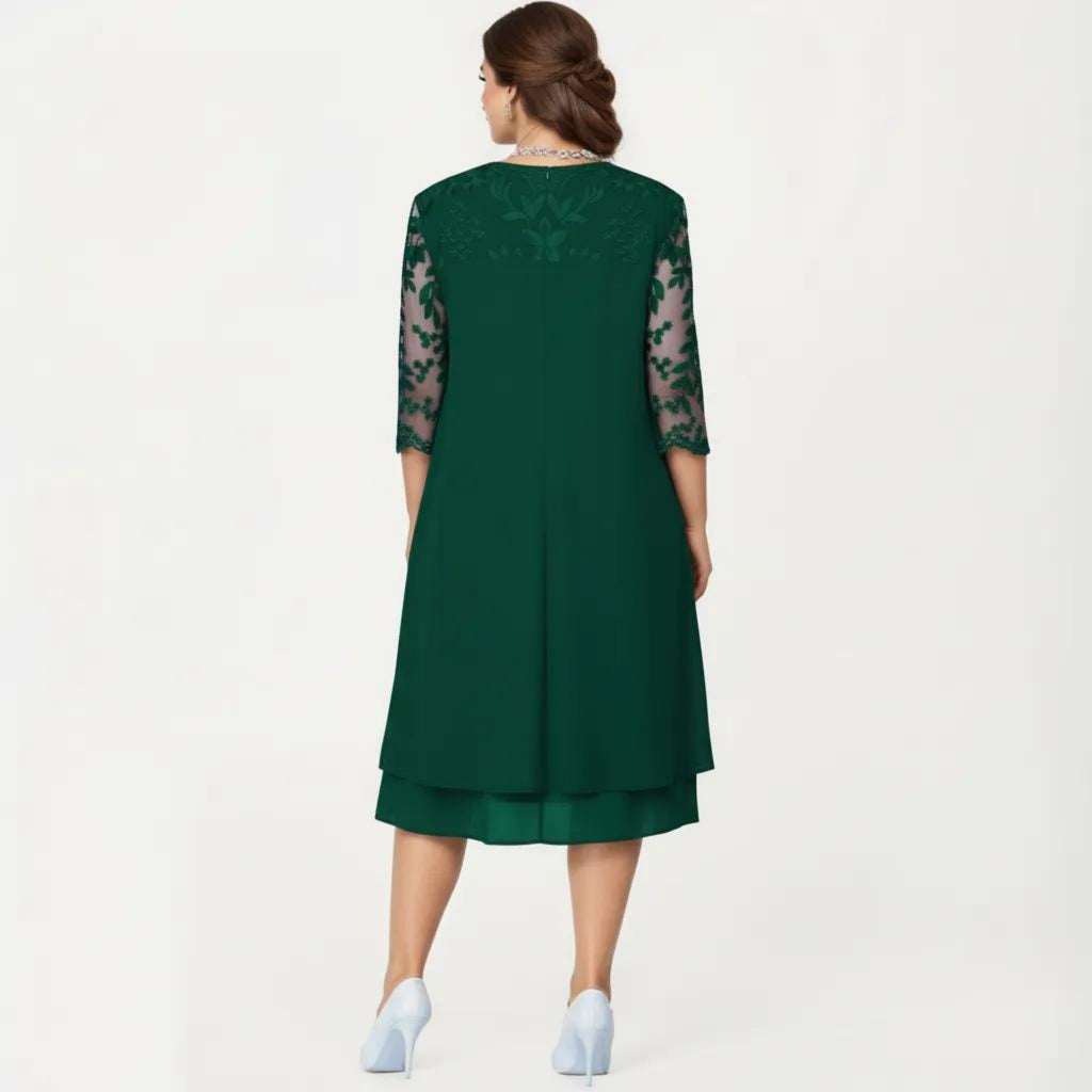 Anna-Kaci Plus Size Lace Yoke Midi Dress with Sheer Sleeve Detail and Layered Hem Flowy Elegant Dress
