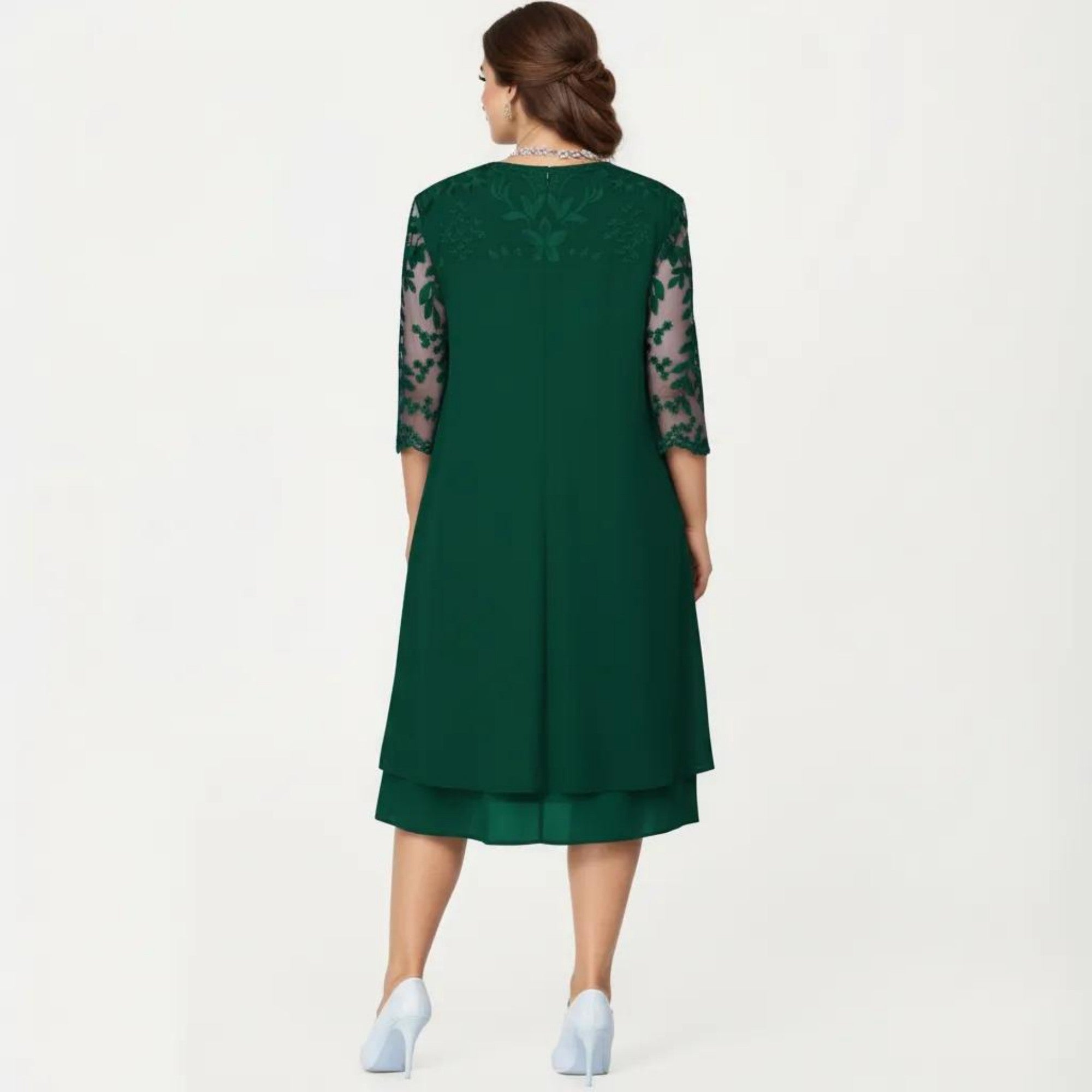 Anna-Kaci Plus Size Lace Yoke Midi Dress with Sheer Sleeve Detail and Layered Hem Flowy Elegant Dress