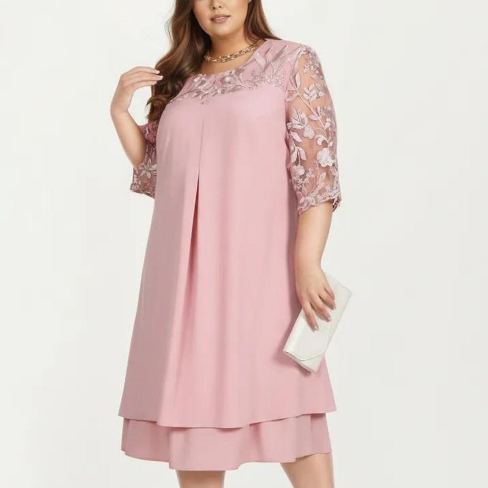 Anna-Kaci Plus Size Lace Yoke Midi Dress with Sheer Sleeve Detail and Layered Hem Flowy Elegant Dress