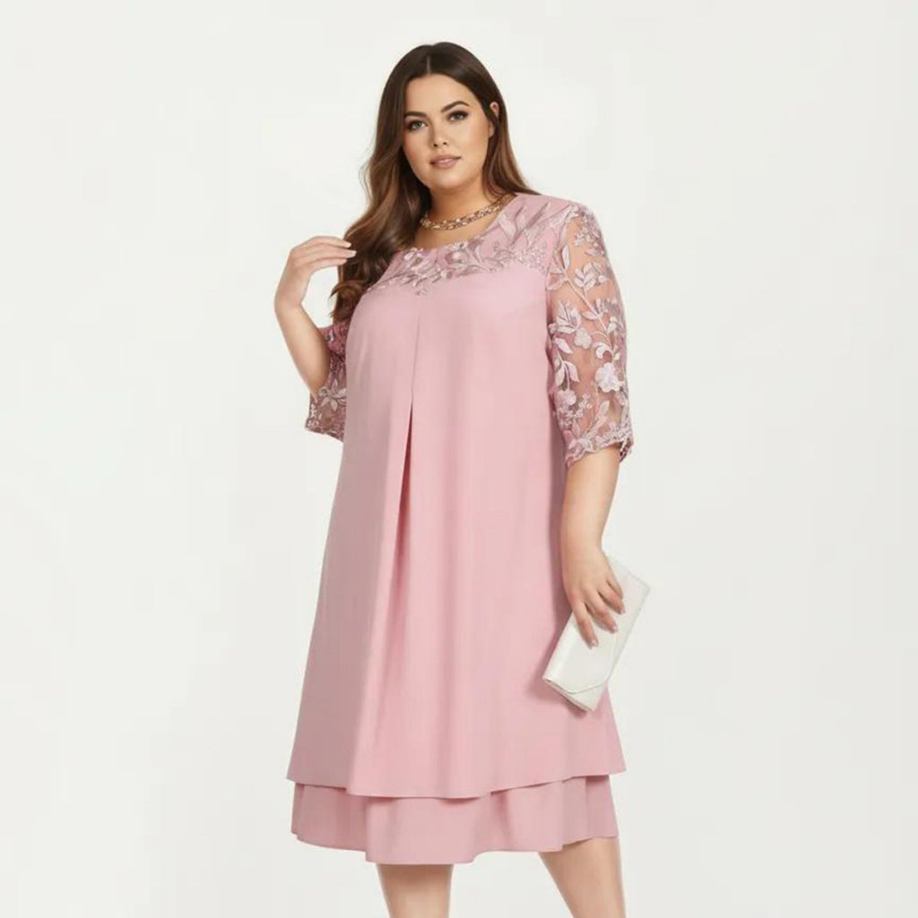 Anna-Kaci Plus Size Lace Yoke Midi Dress with Sheer Sleeve Detail and Layered Hem Flowy Elegant Dress