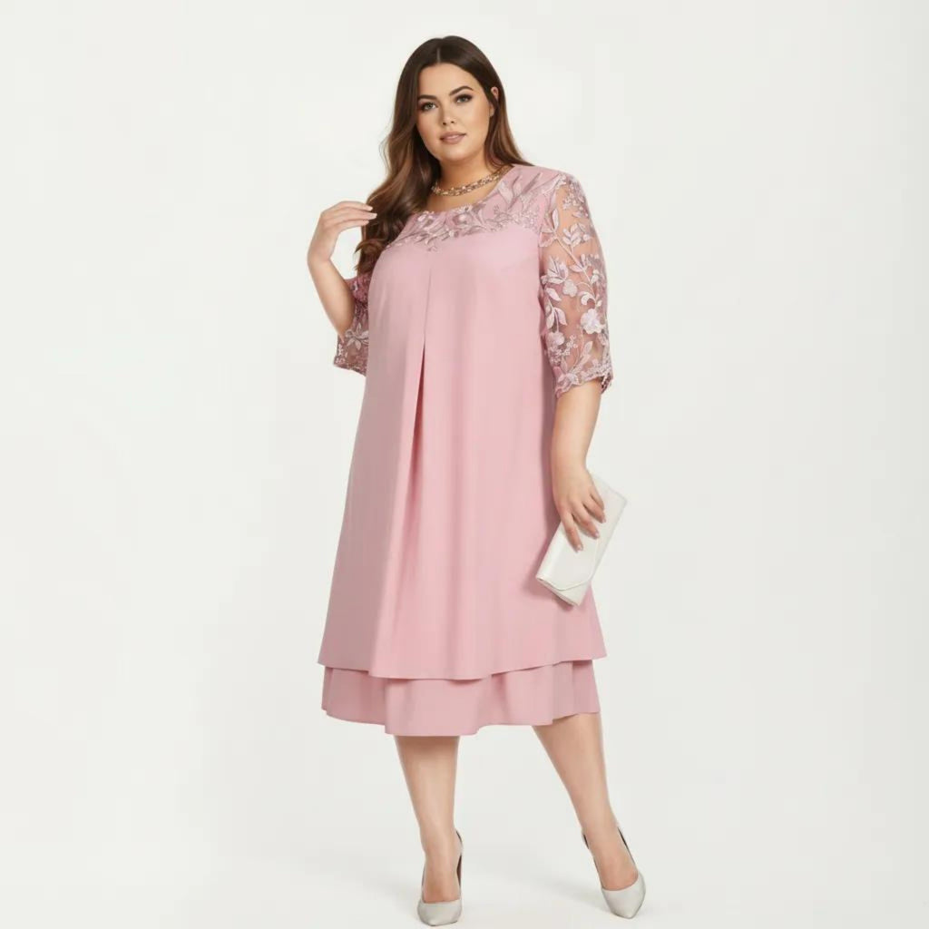 Anna-Kaci Plus Size Lace Yoke Midi Dress with Sheer Sleeve Detail and Layered Hem Flowy Elegant Dress