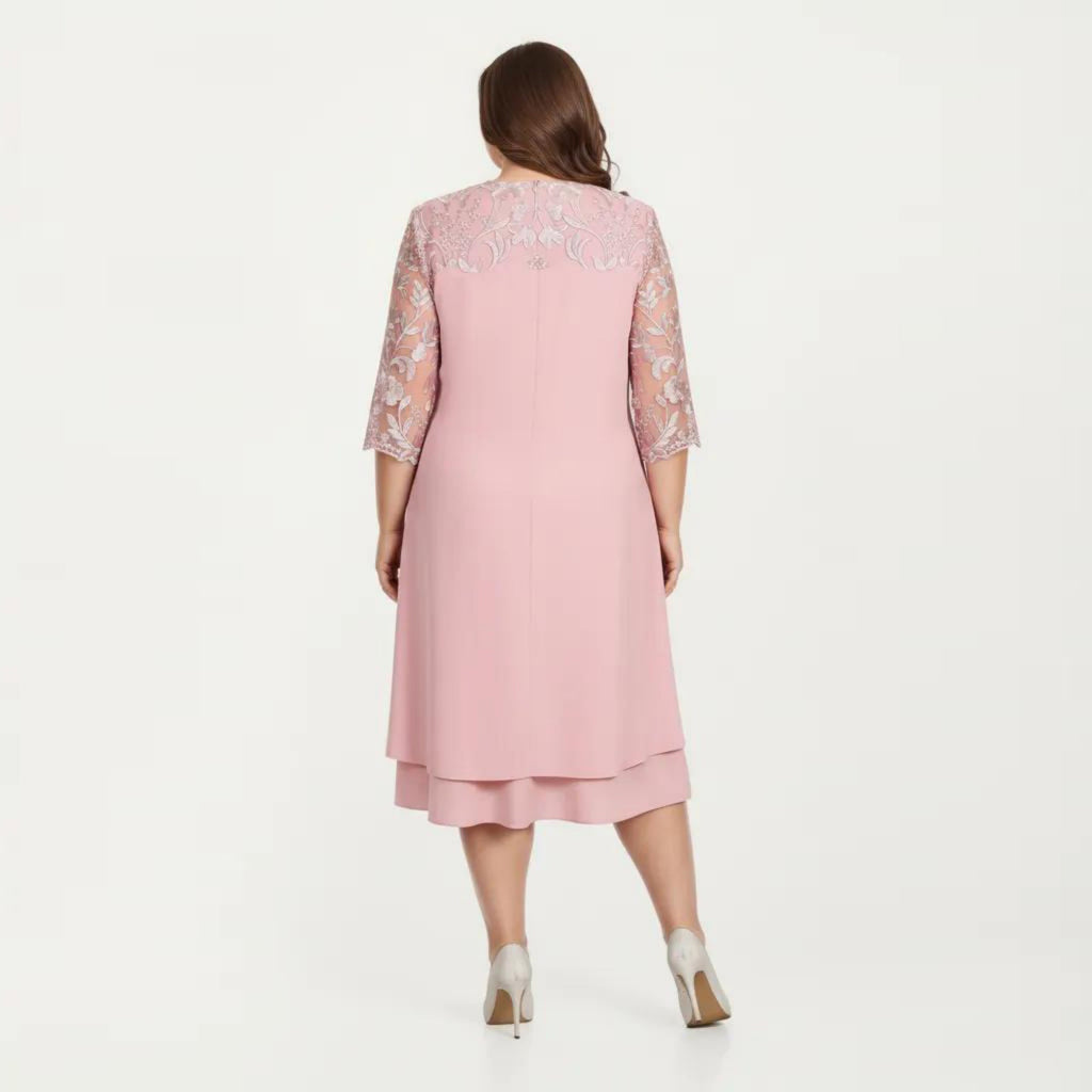Anna-Kaci Plus Size Lace Yoke Midi Dress with Sheer Sleeve Detail and Layered Hem Flowy Elegant Dress