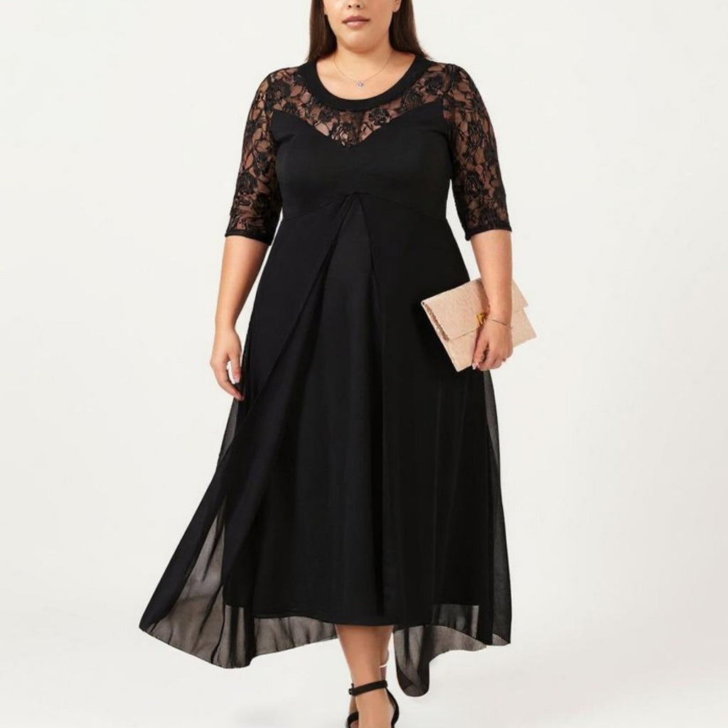 Anna-Kaci Plus Size Lace Panel Midi Dress with Sheer Overlay Hem and Short Sleeve Elegant Flowy Dress