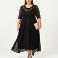 Anna-Kaci Plus Size Lace Panel Midi Dress with Sheer Overlay Hem and Short Sleeve Elegant Flowy Dress