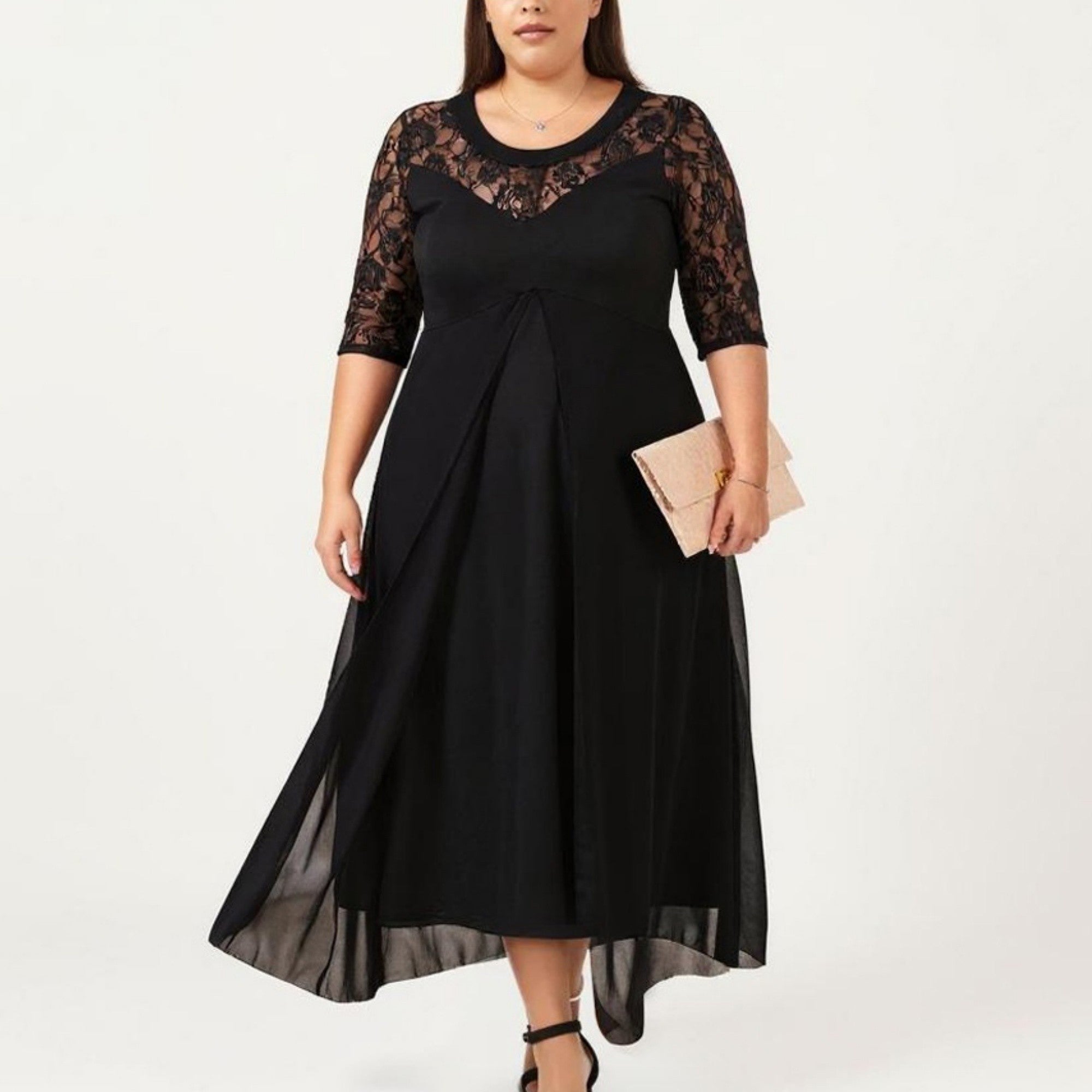 Anna-Kaci Plus Size Lace Panel Midi Dress with Sheer Overlay Hem and Short Sleeve Elegant Flowy Dress