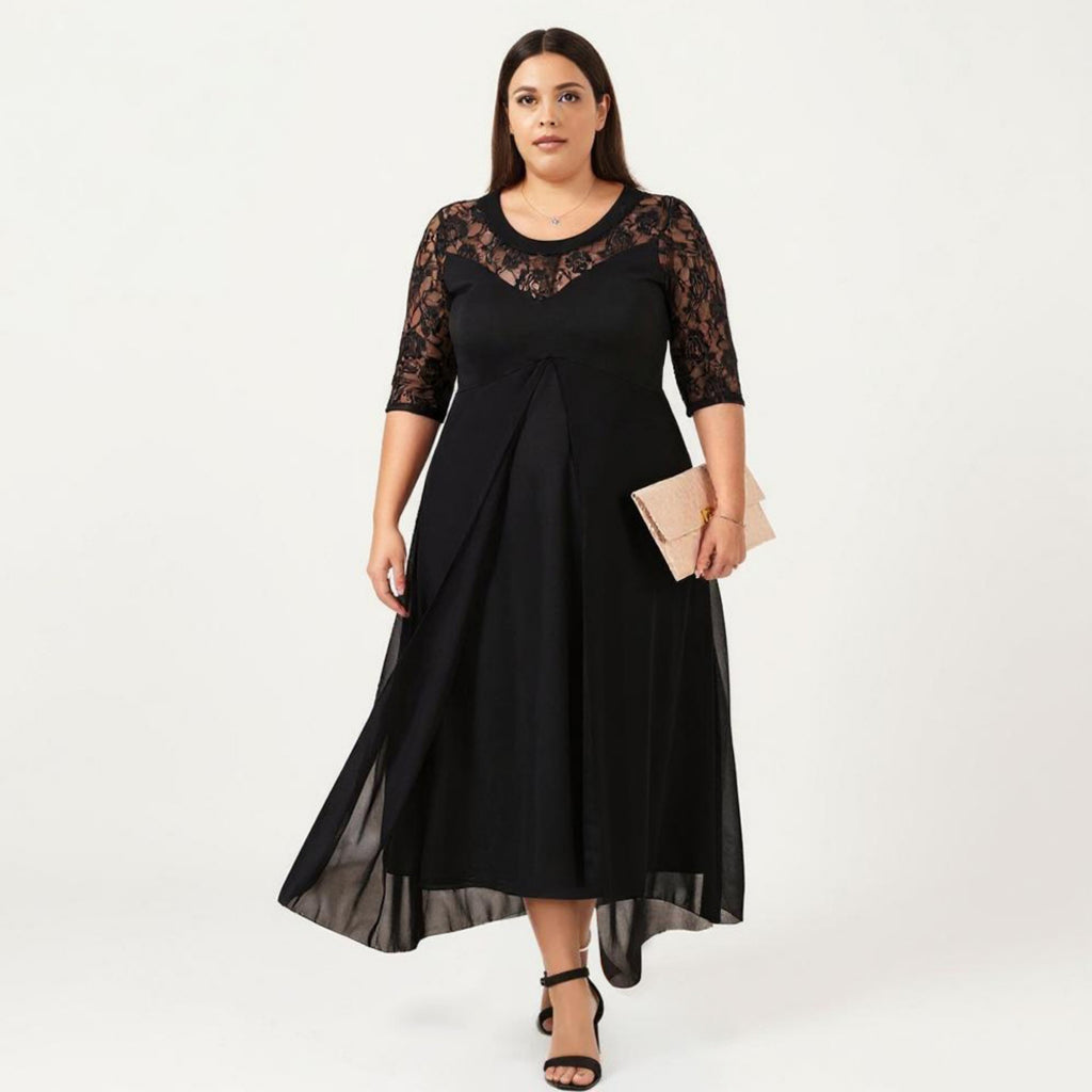 Anna-Kaci Plus Size Lace Panel Midi Dress with Sheer Overlay Hem and Short Sleeve Elegant Flowy Dress