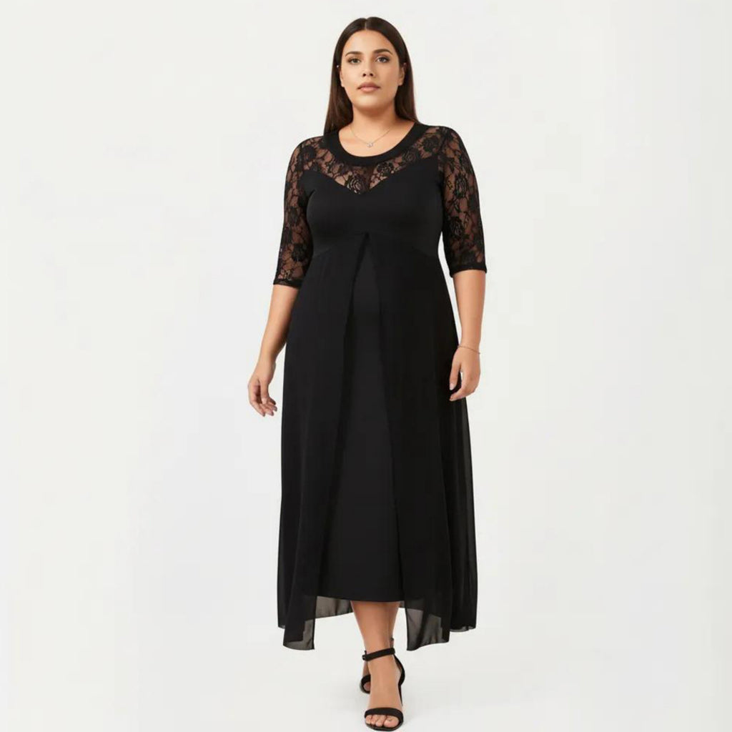 Anna-Kaci Plus Size Lace Panel Midi Dress with Sheer Overlay Hem and Short Sleeve Elegant Flowy Dress
