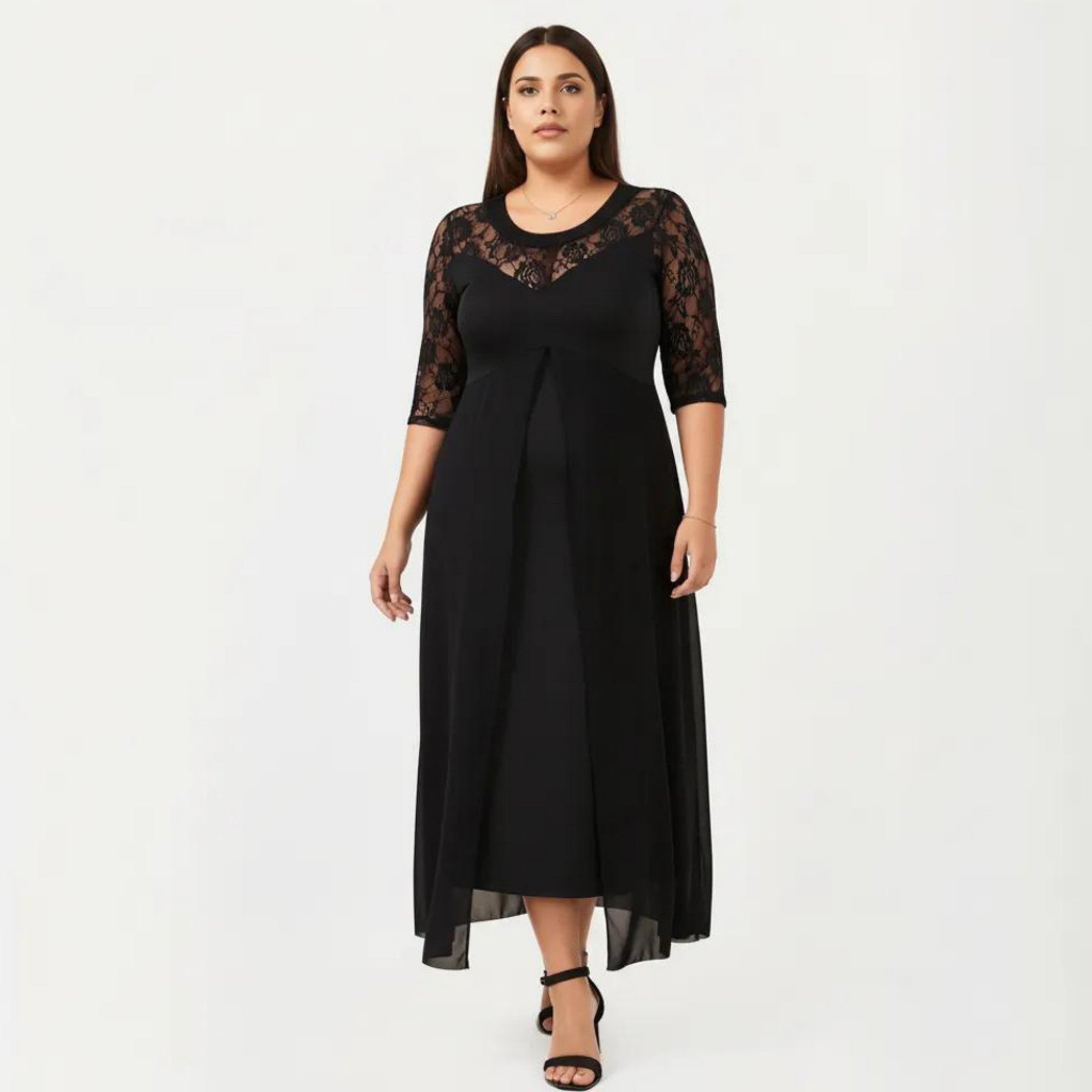 Anna-Kaci Plus Size Lace Panel Midi Dress with Sheer Overlay Hem and Short Sleeve Elegant Flowy Dress