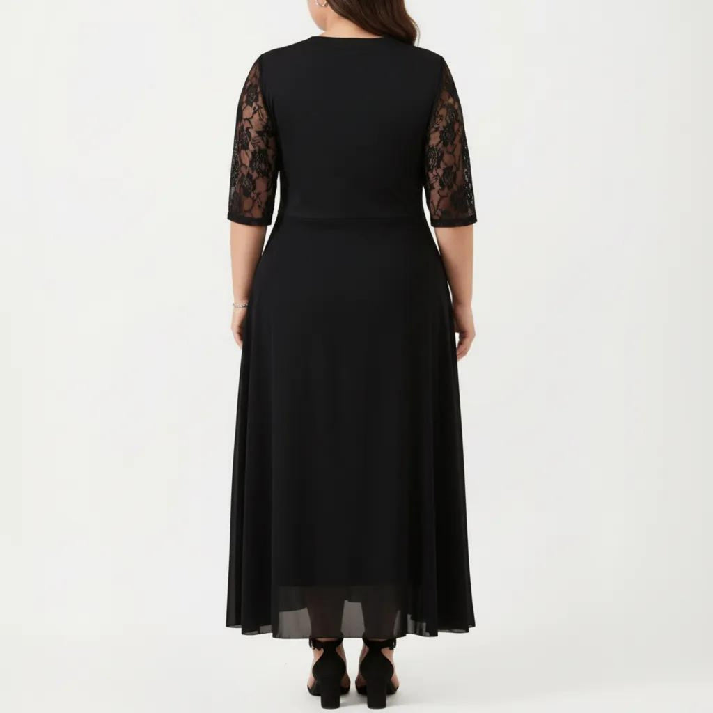 Anna-Kaci Plus Size Lace Panel Midi Dress with Sheer Overlay Hem and Short Sleeve Elegant Flowy Dress