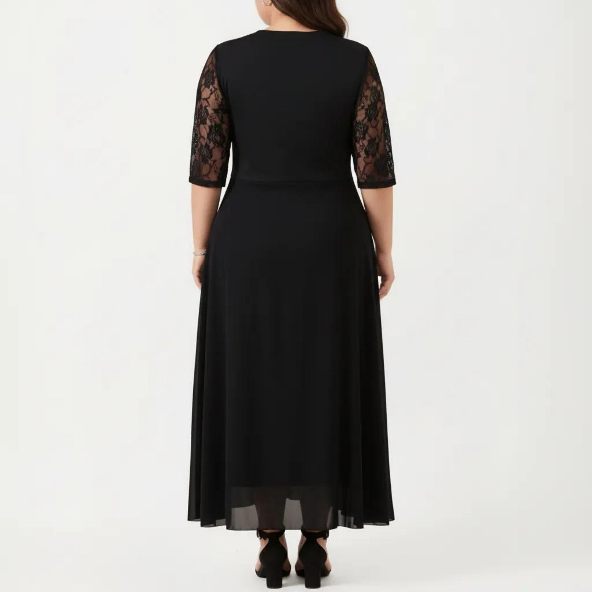 Anna-Kaci Plus Size Lace Panel Midi Dress with Sheer Overlay Hem and Short Sleeve Elegant Flowy Dress