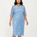 Anna-Kaci Plus Size Lace Sheath Dress with Sheer Short Sleeve Fitted Knee Length Elegant Dress