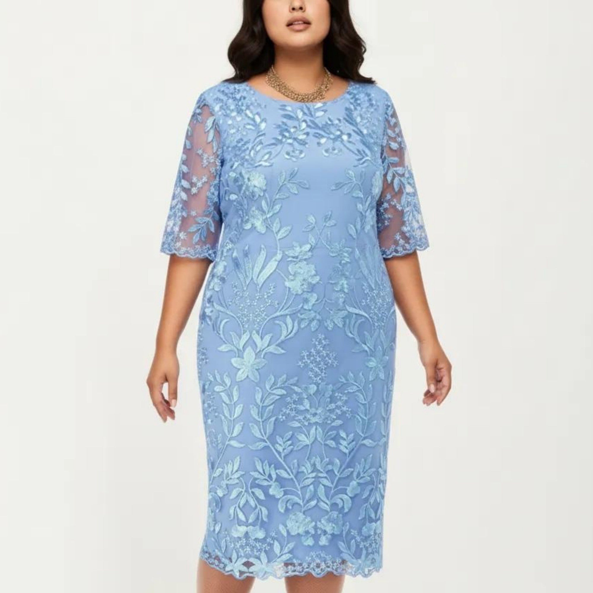Anna-Kaci Plus Size Lace Sheath Dress with Sheer Short Sleeve Fitted Knee Length Elegant Dress