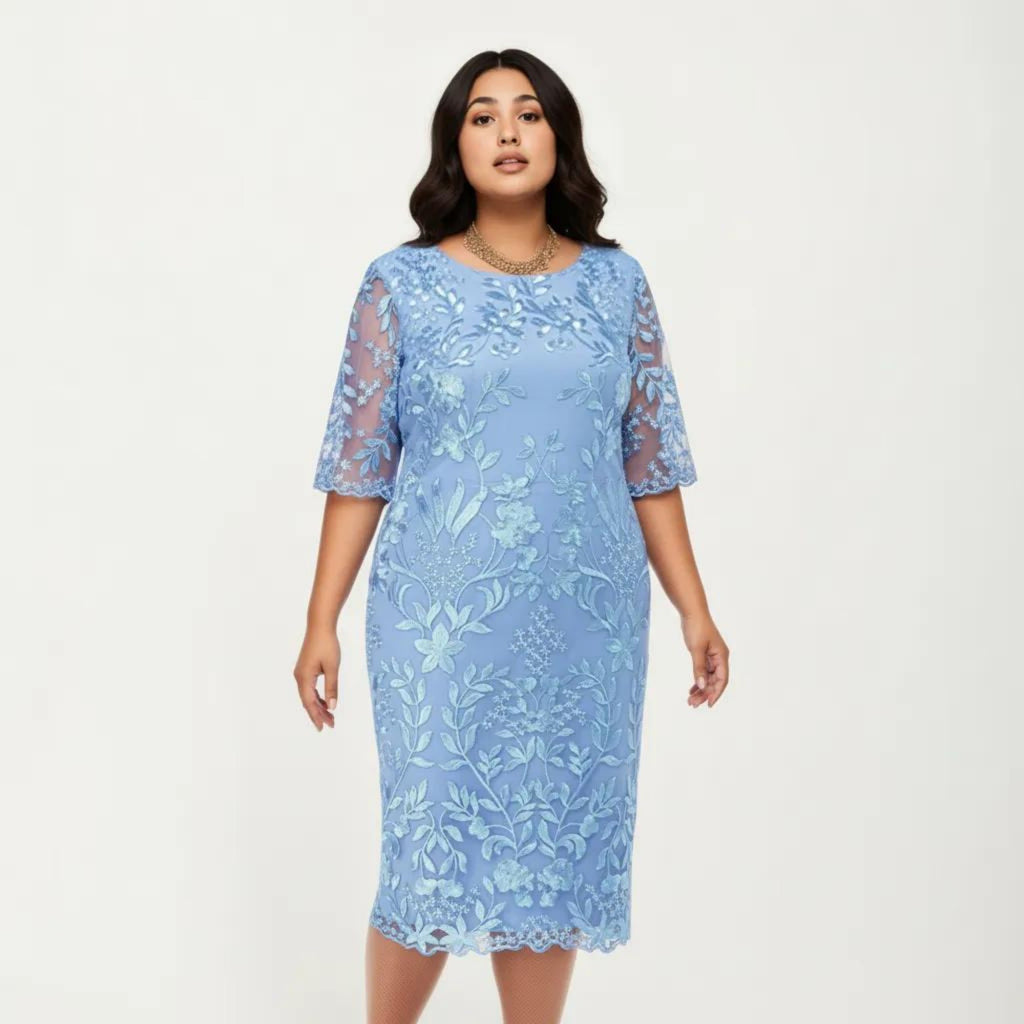 Anna-Kaci Plus Size Lace Sheath Dress with Sheer Short Sleeve Fitted Knee Length Elegant Dress