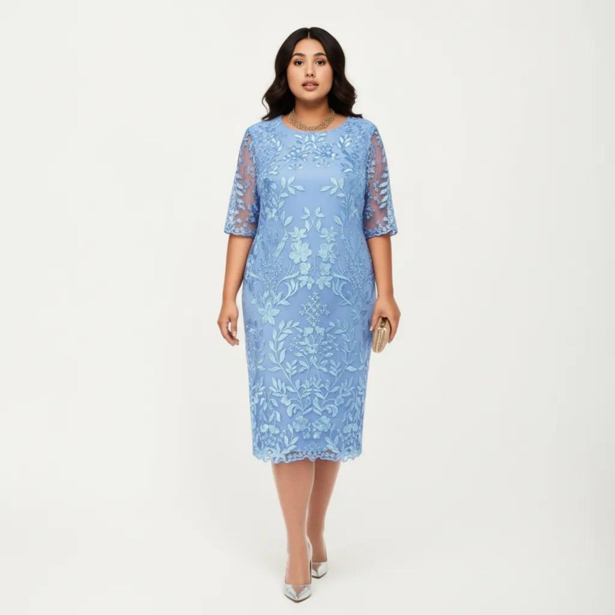 Anna-Kaci Plus Size Lace Sheath Dress with Sheer Short Sleeve Fitted Knee Length Elegant Dress