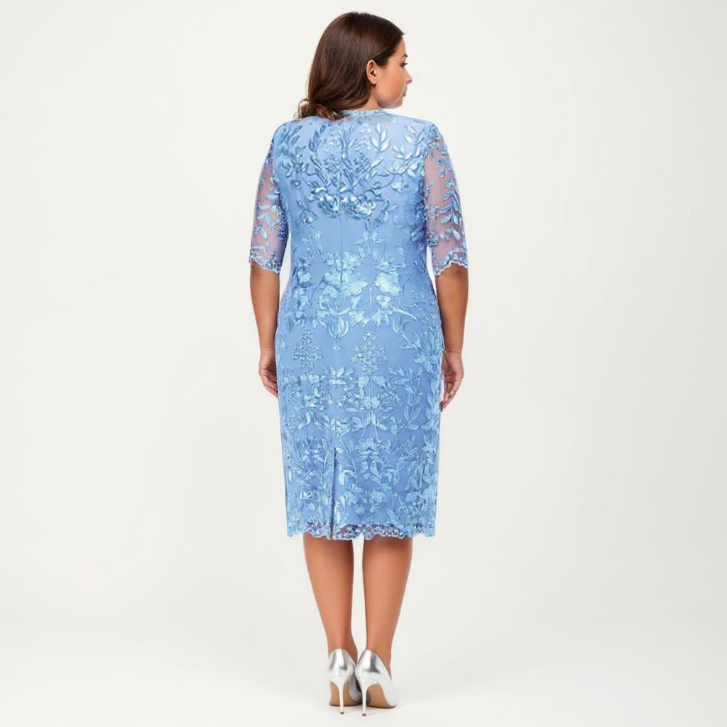 Anna-Kaci Plus Size Lace Sheath Dress with Sheer Short Sleeve Fitted Knee Length Elegant Dress