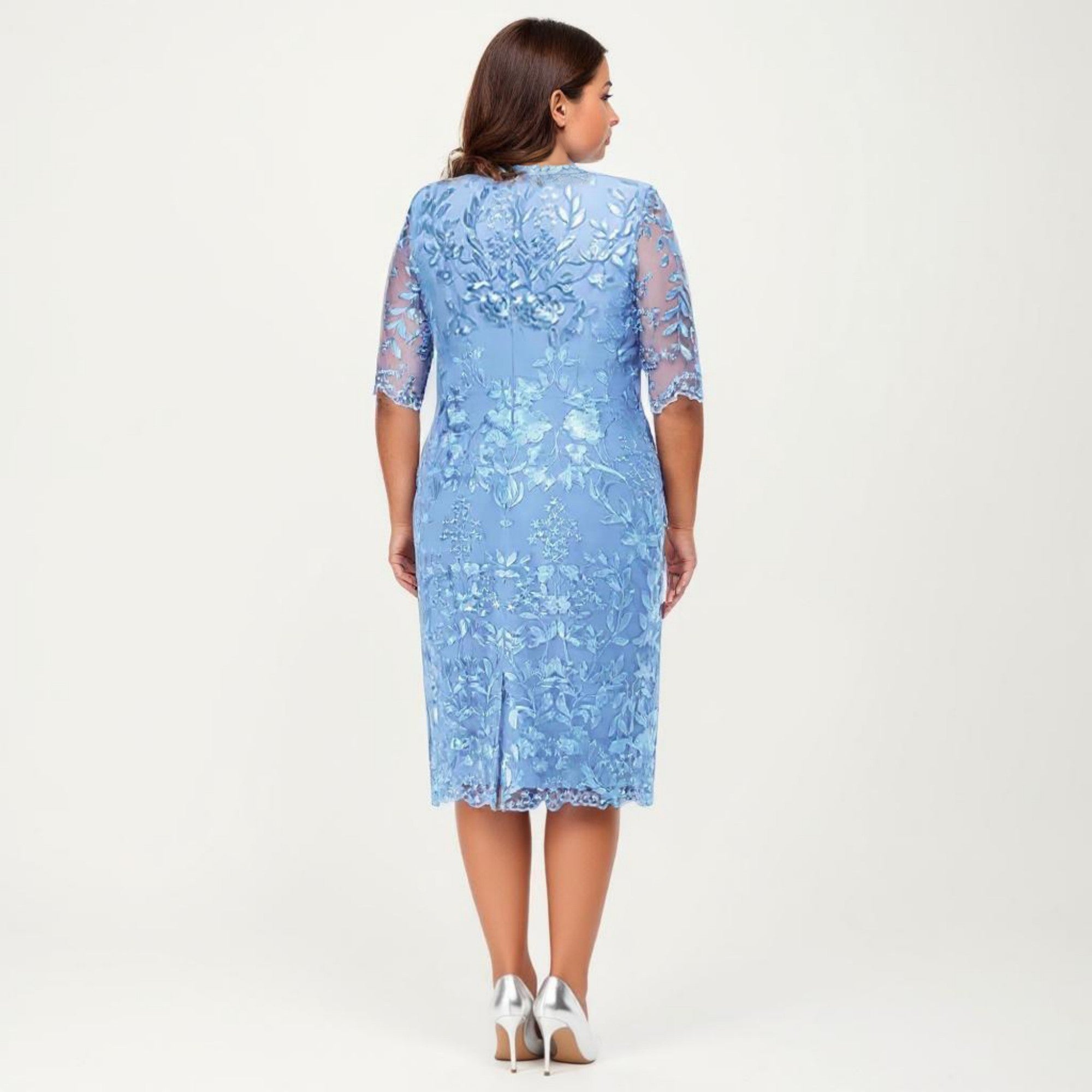 Anna-Kaci Plus Size Lace Sheath Dress with Sheer Short Sleeve Fitted Knee Length Elegant Dress