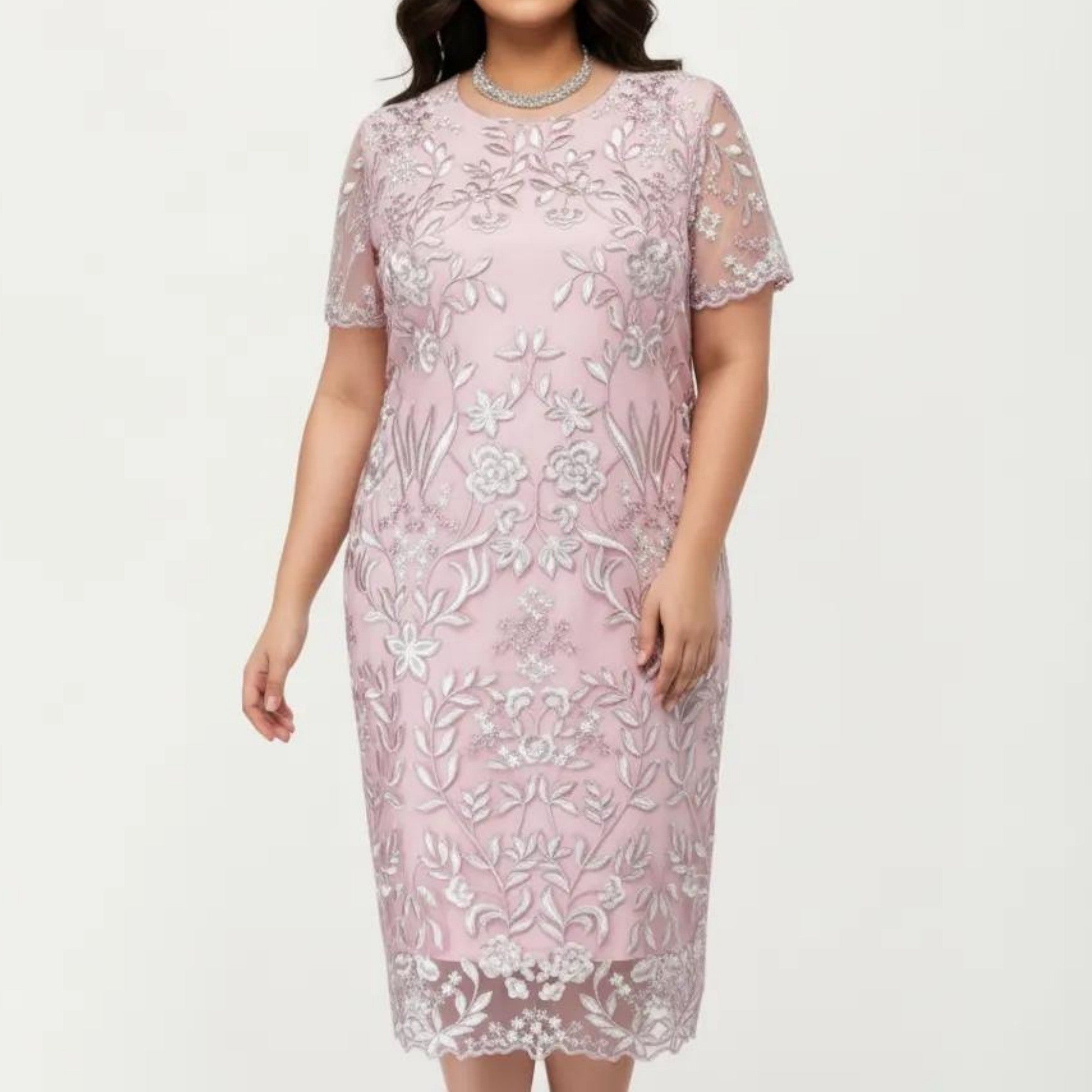 Anna-Kaci Plus Size Lace Sheath Dress with Sheer Short Sleeve Fitted Knee Length Elegant Dress
