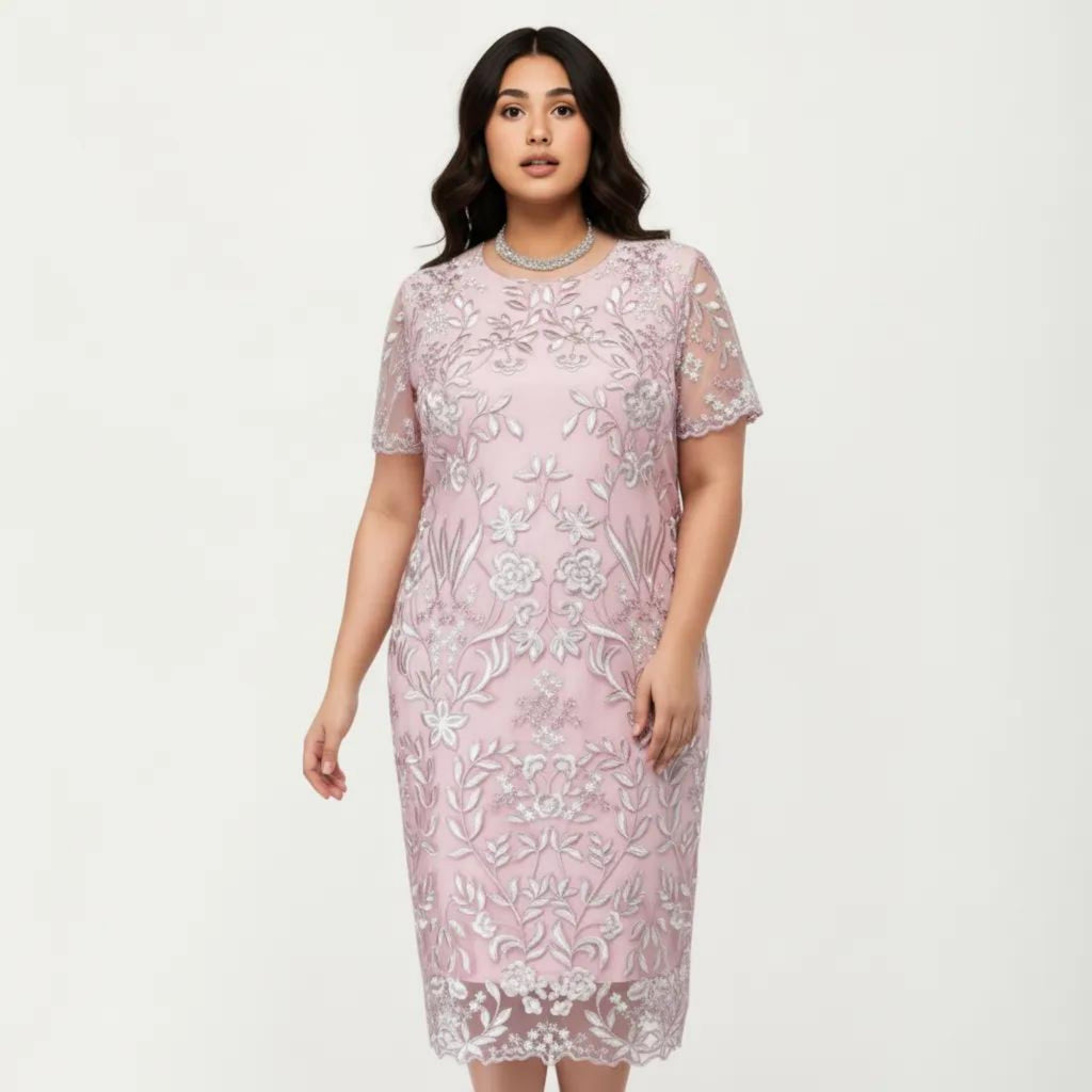 Anna-Kaci Plus Size Lace Sheath Dress with Sheer Short Sleeve Fitted Knee Length Elegant Dress