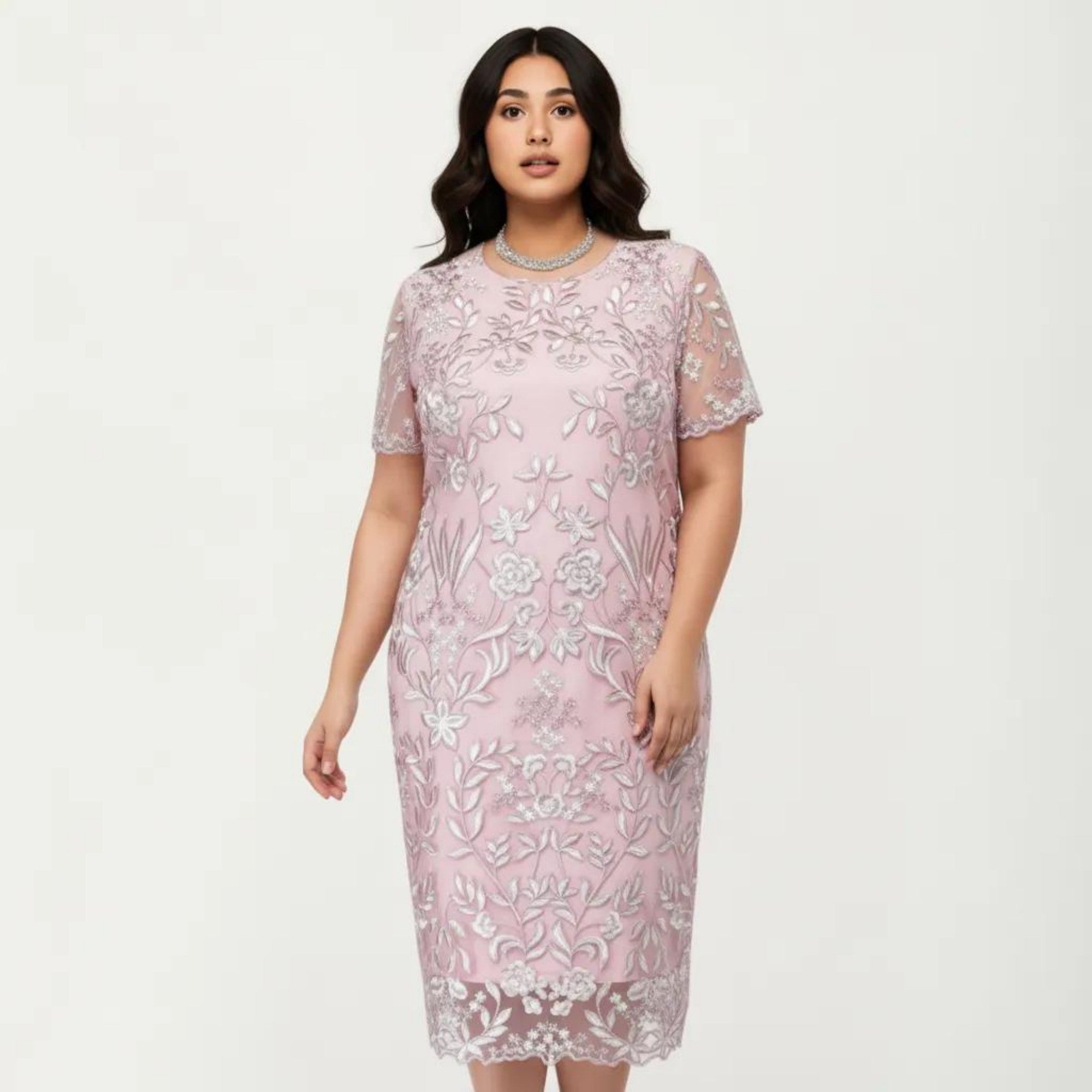 Anna-Kaci Plus Size Lace Sheath Dress with Sheer Short Sleeve Fitted Knee Length Elegant Dress