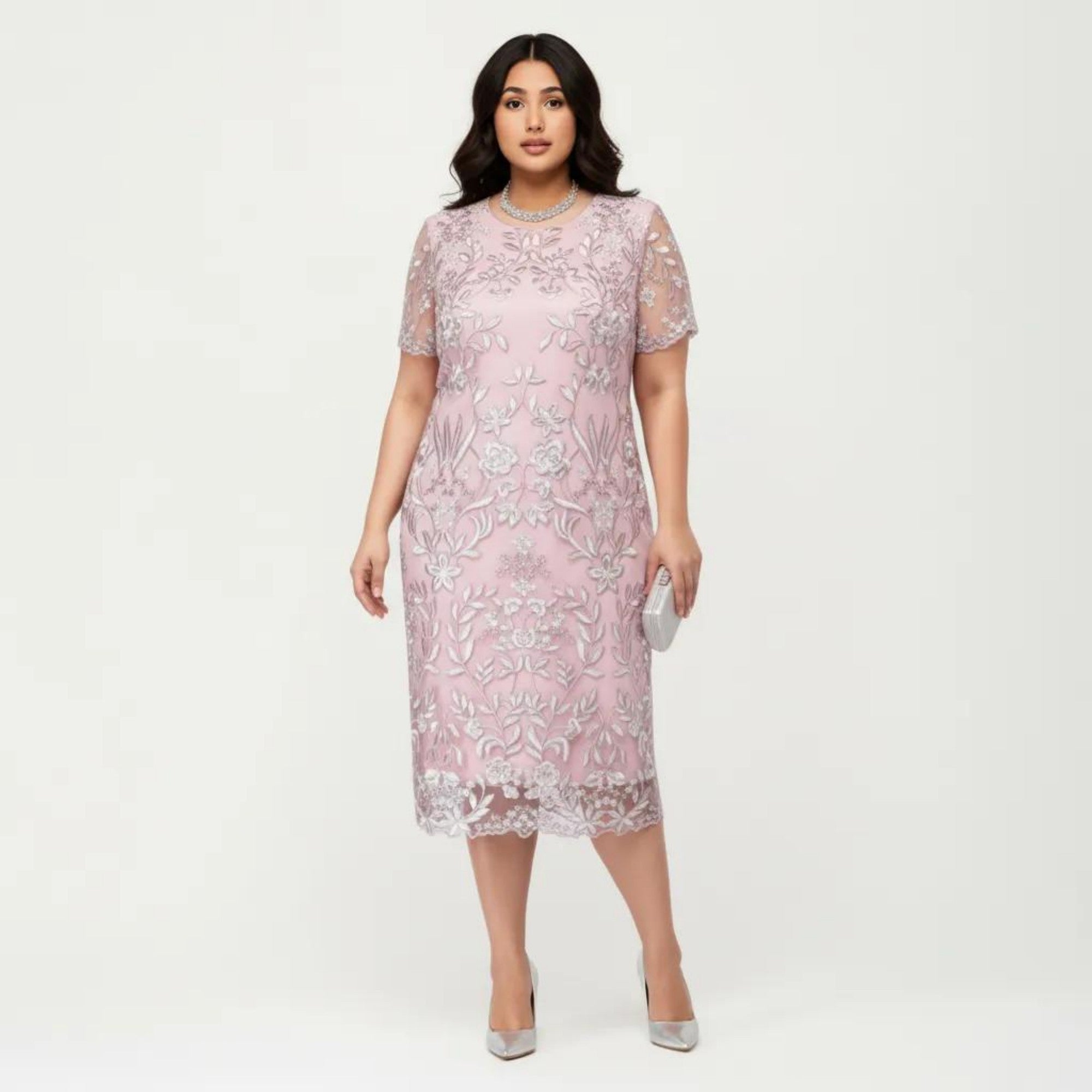 Anna-Kaci Plus Size Lace Sheath Dress with Sheer Short Sleeve Fitted Knee Length Elegant Dress