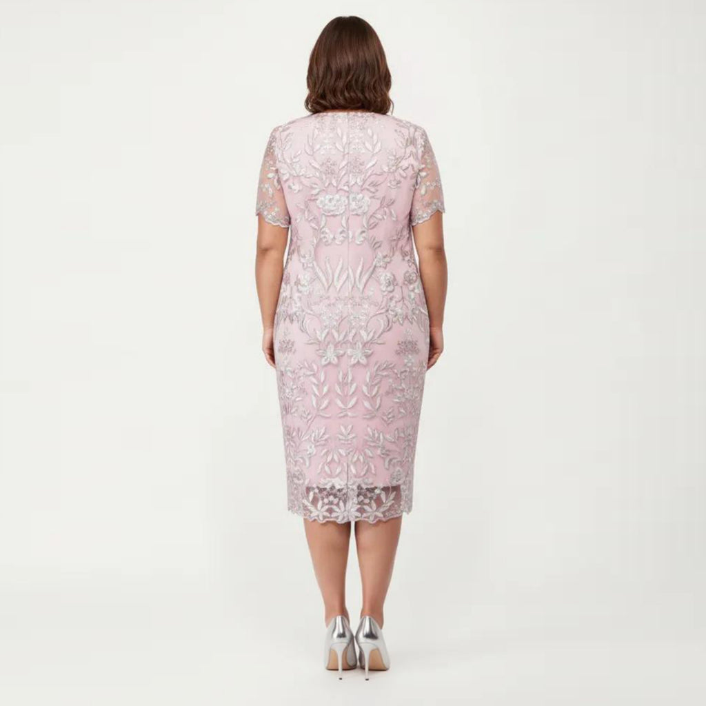 Anna-Kaci Plus Size Lace Sheath Dress with Sheer Short Sleeve Fitted Knee Length Elegant Dress