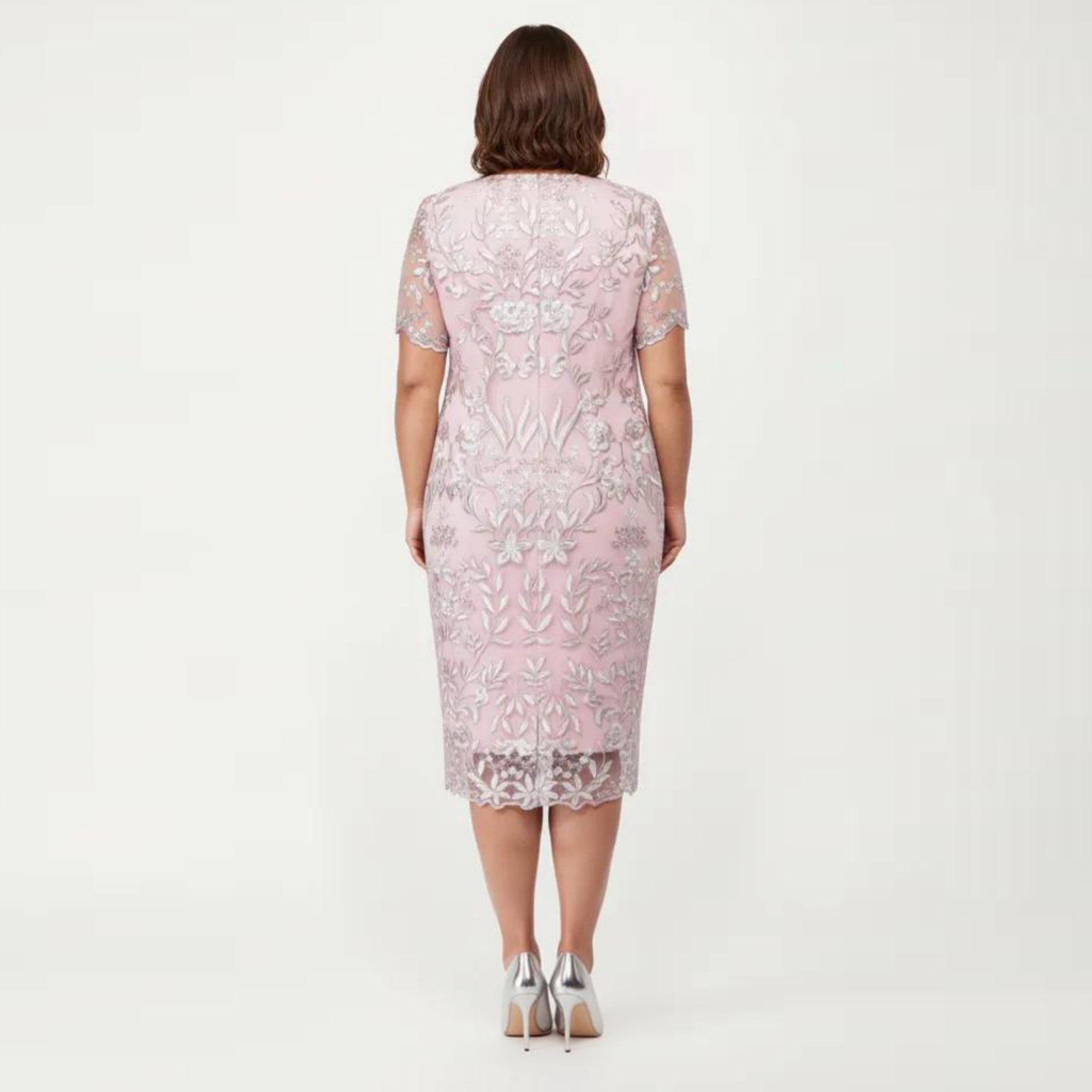 Anna-Kaci Plus Size Lace Sheath Dress with Sheer Short Sleeve Fitted Knee Length Elegant Dress