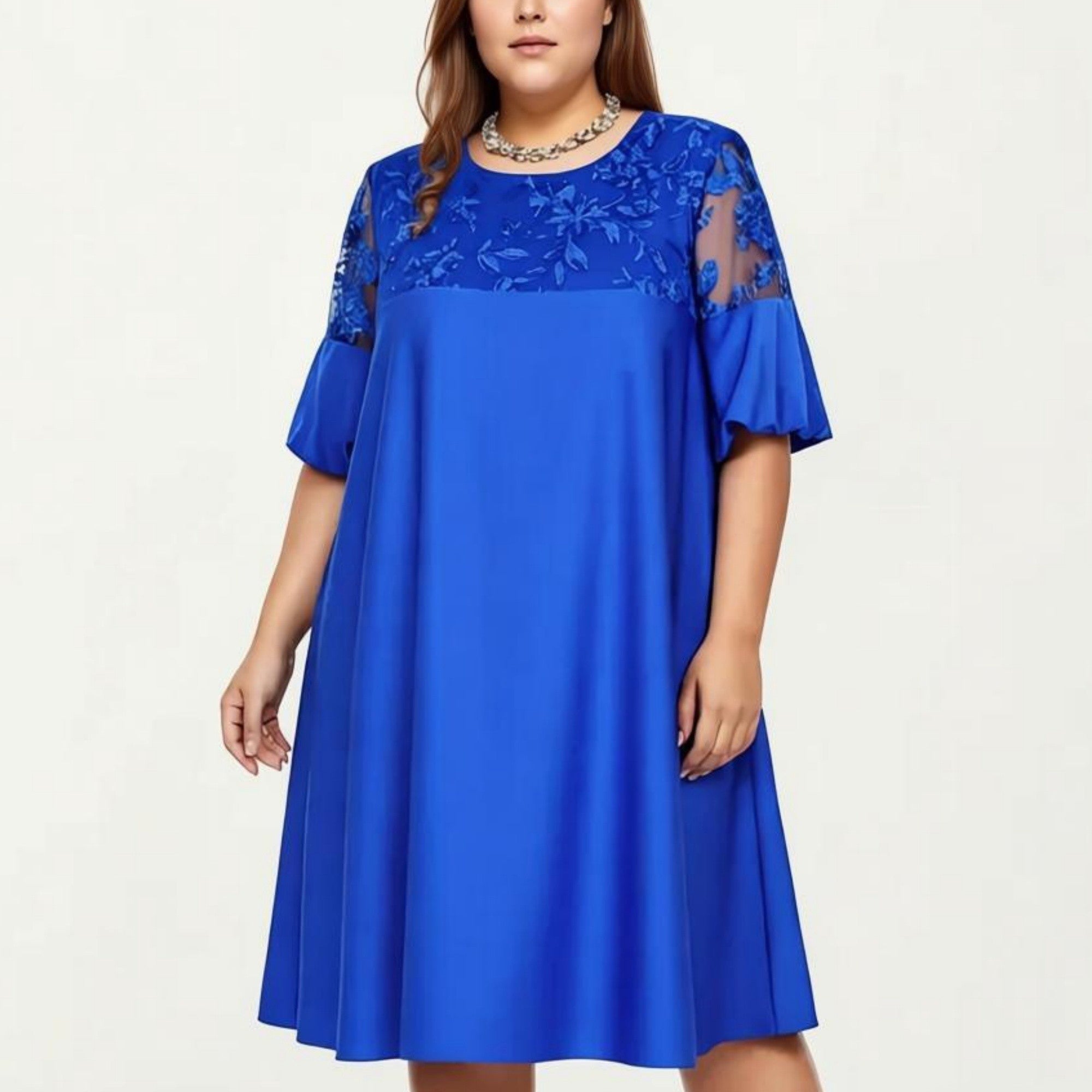 Anna-Kaci Plus Size A Line Dress with Lace Yoke Short Sleeve Loose Fit Knee Length Casual Dress