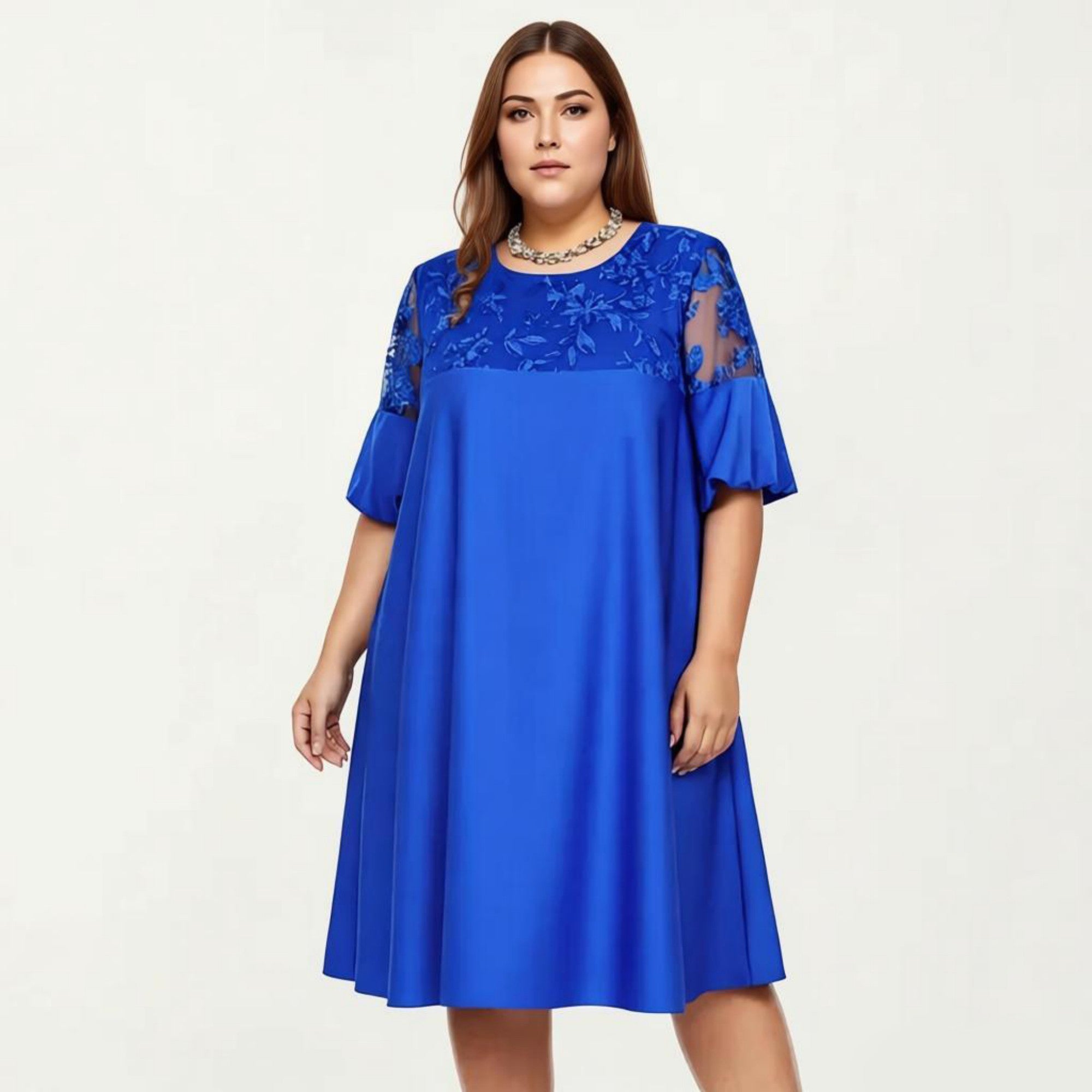 Anna-Kaci Plus Size A Line Dress with Lace Yoke Short Sleeve Loose Fit Knee Length Casual Dress