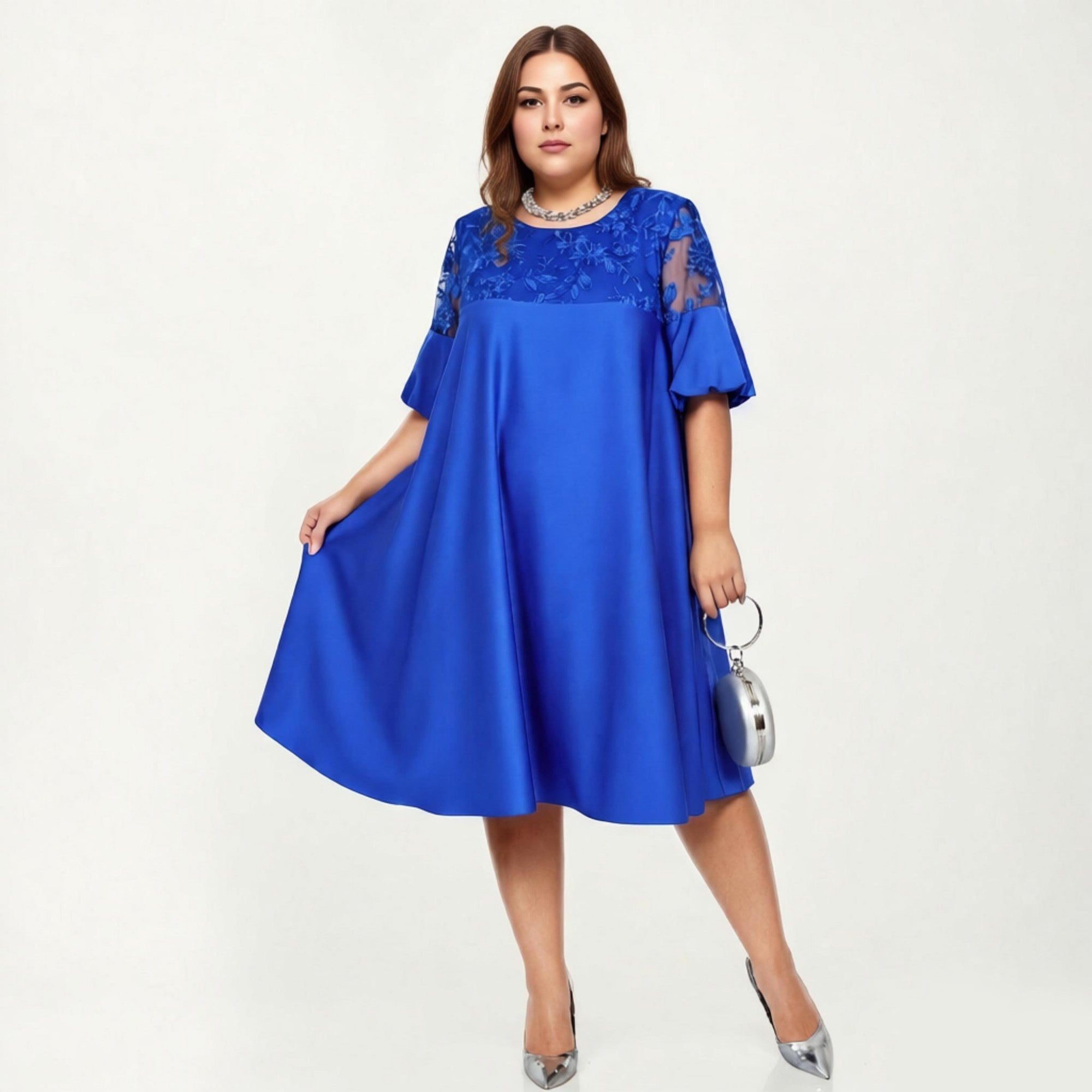 Anna-Kaci Plus Size A Line Dress with Lace Yoke Short Sleeve Loose Fit Knee Length Casual Dress, Plus-4X-20W-22W / Blue Anna-Kaci Plus Size A Line Dress with Lace Yoke Short Sleeve Loose Fit Knee Length Casual Dress, Plus-4X-20W-22W / Blue