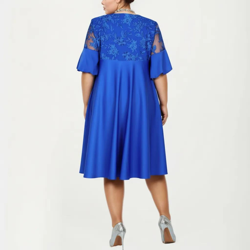 Anna-Kaci Plus Size A Line Dress with Lace Yoke Short Sleeve Loose Fit Knee Length Casual Dress