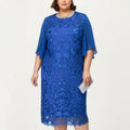 Anna-Kaci Plus Size Lace Midi Dress with Sheer Overlay Short Sleeve Loose Fit Elegant Knee Length Dress