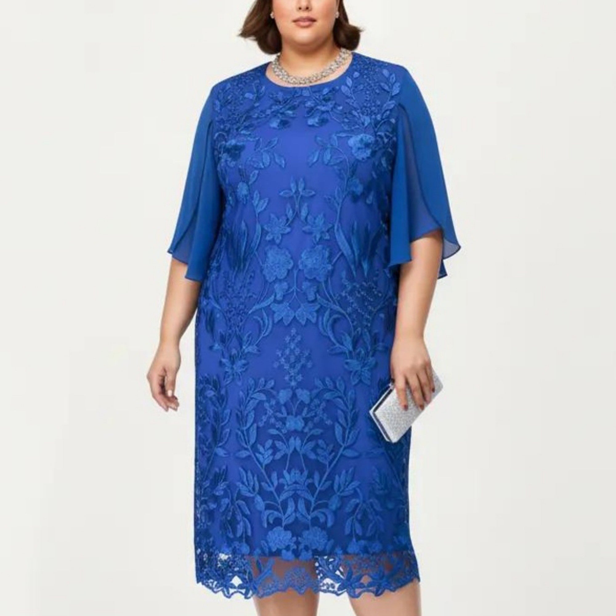 Anna-Kaci Plus Size Lace Midi Dress with Sheer Overlay Short Sleeve Loose Fit Elegant Knee Length Dress
