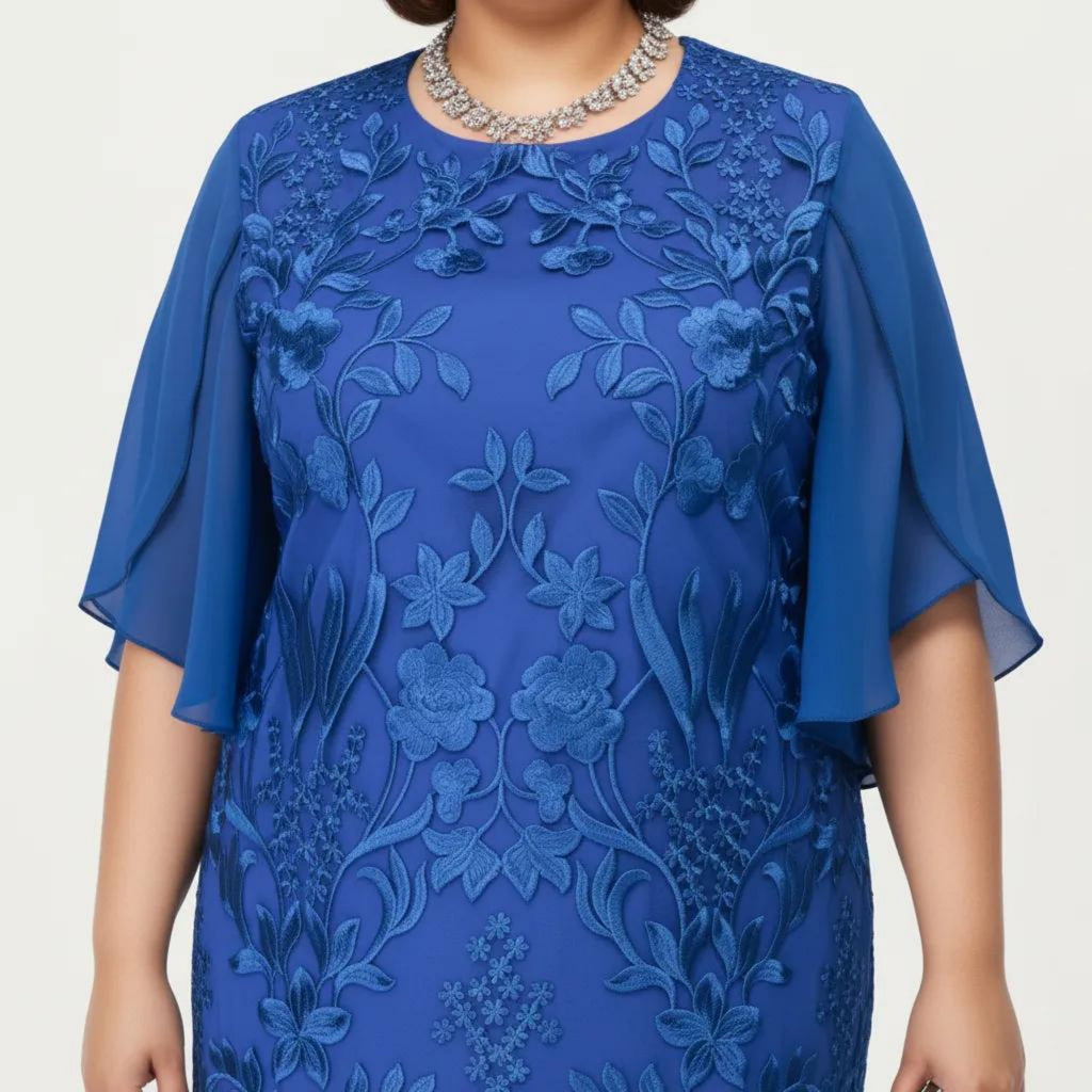 Anna-Kaci Plus Size Lace Midi Dress with Sheer Overlay Short Sleeve Loose Fit Elegant Knee Length Dress