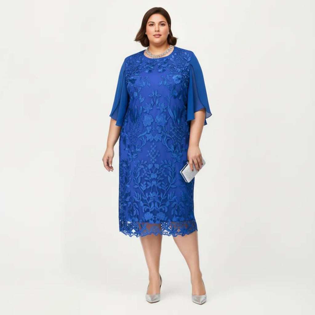 Anna-Kaci Plus Size Lace Midi Dress with Sheer Overlay Short Sleeve Loose Fit Elegant Knee Length Dress