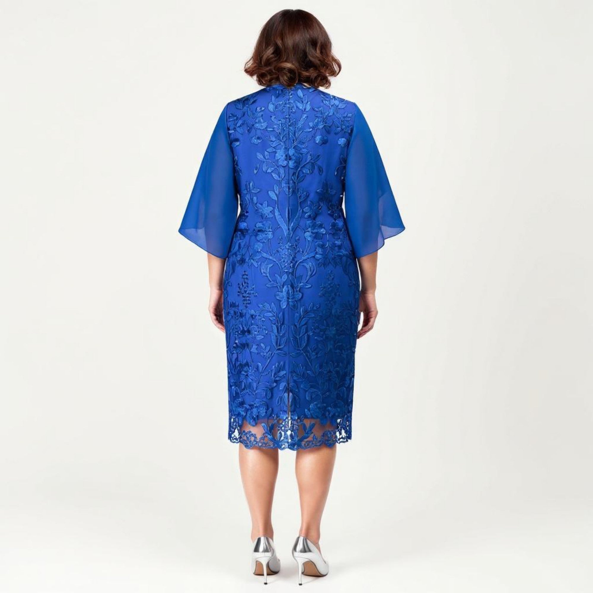 Anna-Kaci Plus Size Lace Midi Dress with Sheer Overlay Short Sleeve Loose Fit Elegant Knee Length Dress